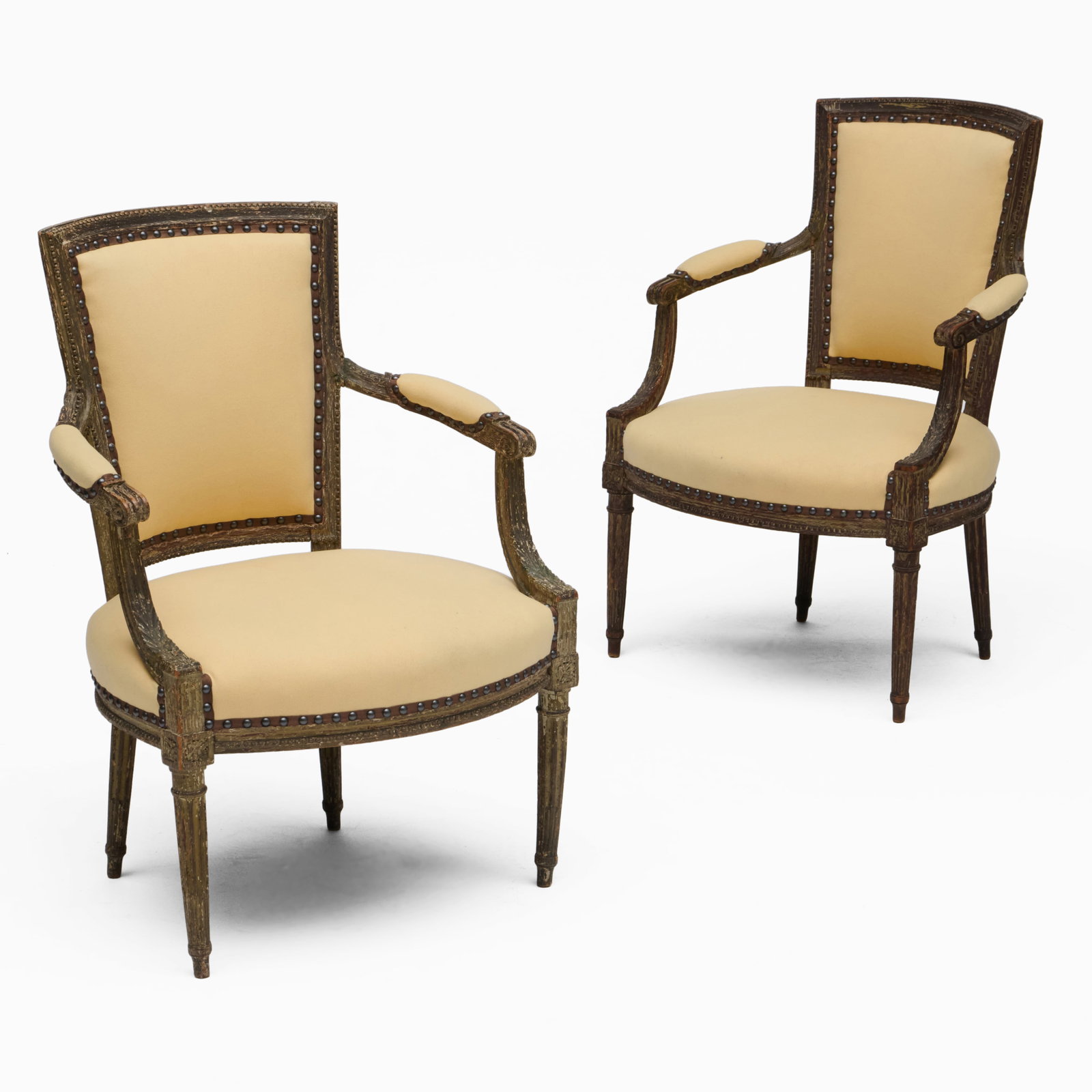 Pair of Louis XVI Grey Painted Fauteuils en Cabriolet: Pair of Louis XVI Grey Painted Fauteuils en Cabriolet 34 1/4 x 24 x 23 1/2 in., seat height 15 in. Collection of Percival Paul Steinhart, III.