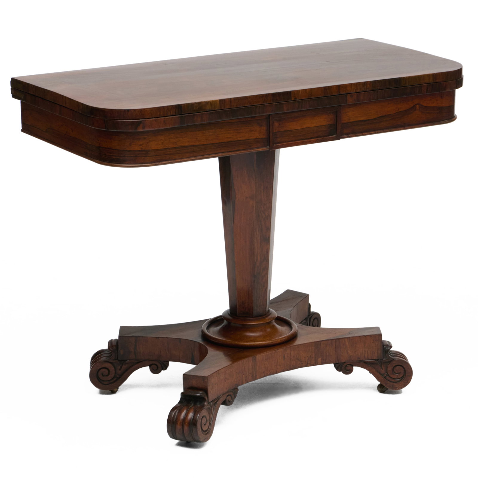 William IV Rosewood Card Table: Fitted with a baize lined gaming surface, and raised on casters.29 1/4 x 36 1/2 x 17 3/4 in., closed.28 1/4 x 35 3/4 x 36 1/2 in., open.