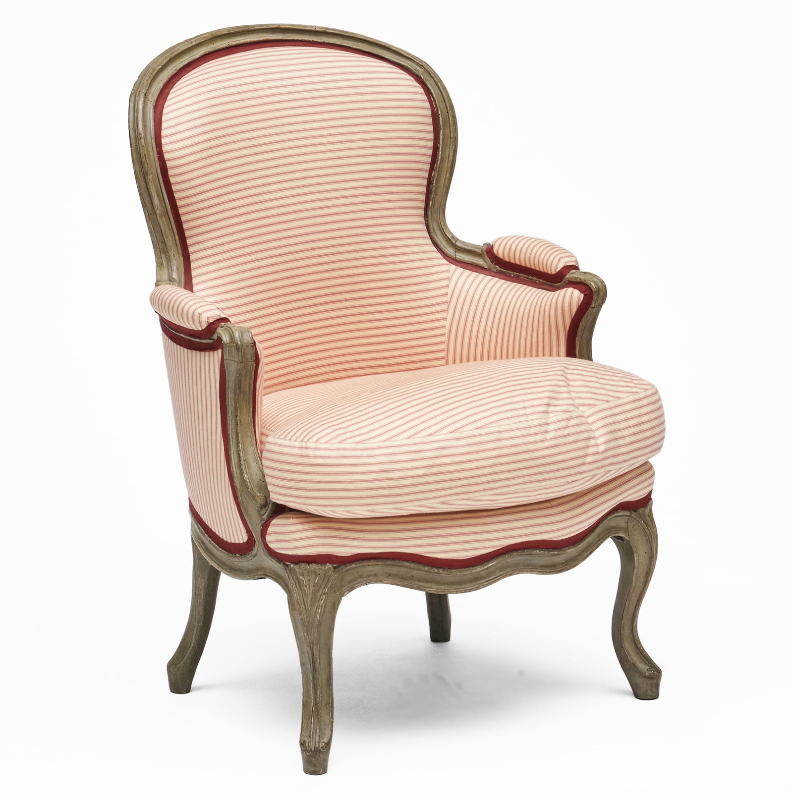 Louis XV Style Grey Painted and Upholstered Bergere: 33 3/4 x 24 x 24 in., seat height 17 in.