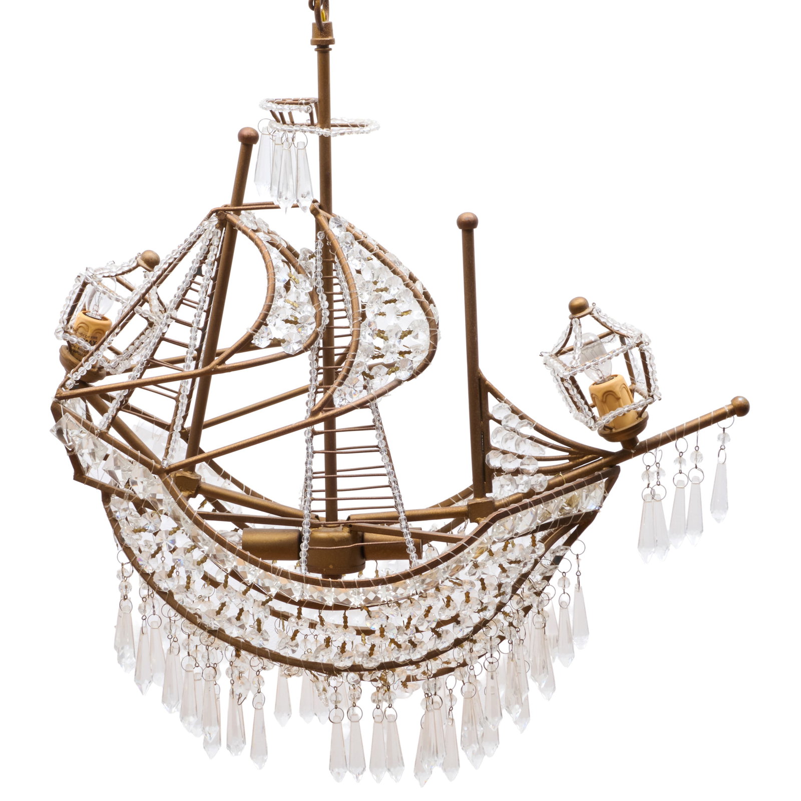 Modern Metal-Mounted Cut-Glass Ship-Form Four-Light Chandelier: 25 x 21 3/4 x 8 1/2 in.