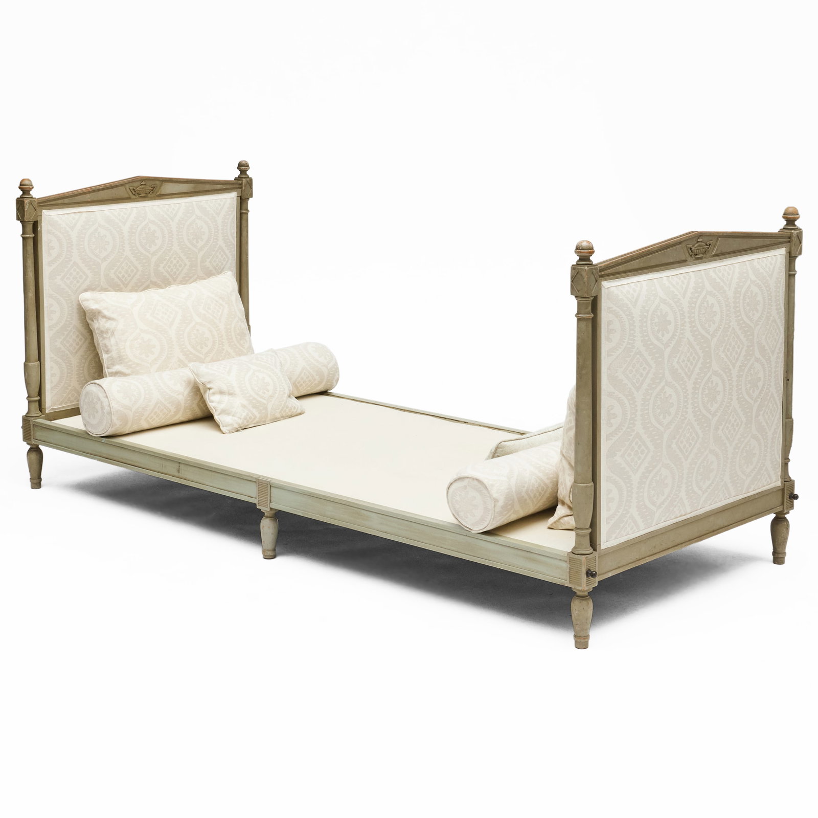 Directoire Grey Painted and Upholstered Daybed: With several pillows and a bolster. 36 1/2 x 35 1/2 x 6 ft. 7 1/2 in. Interior mattress, 6 ft. 4 3/4 x 33 in.