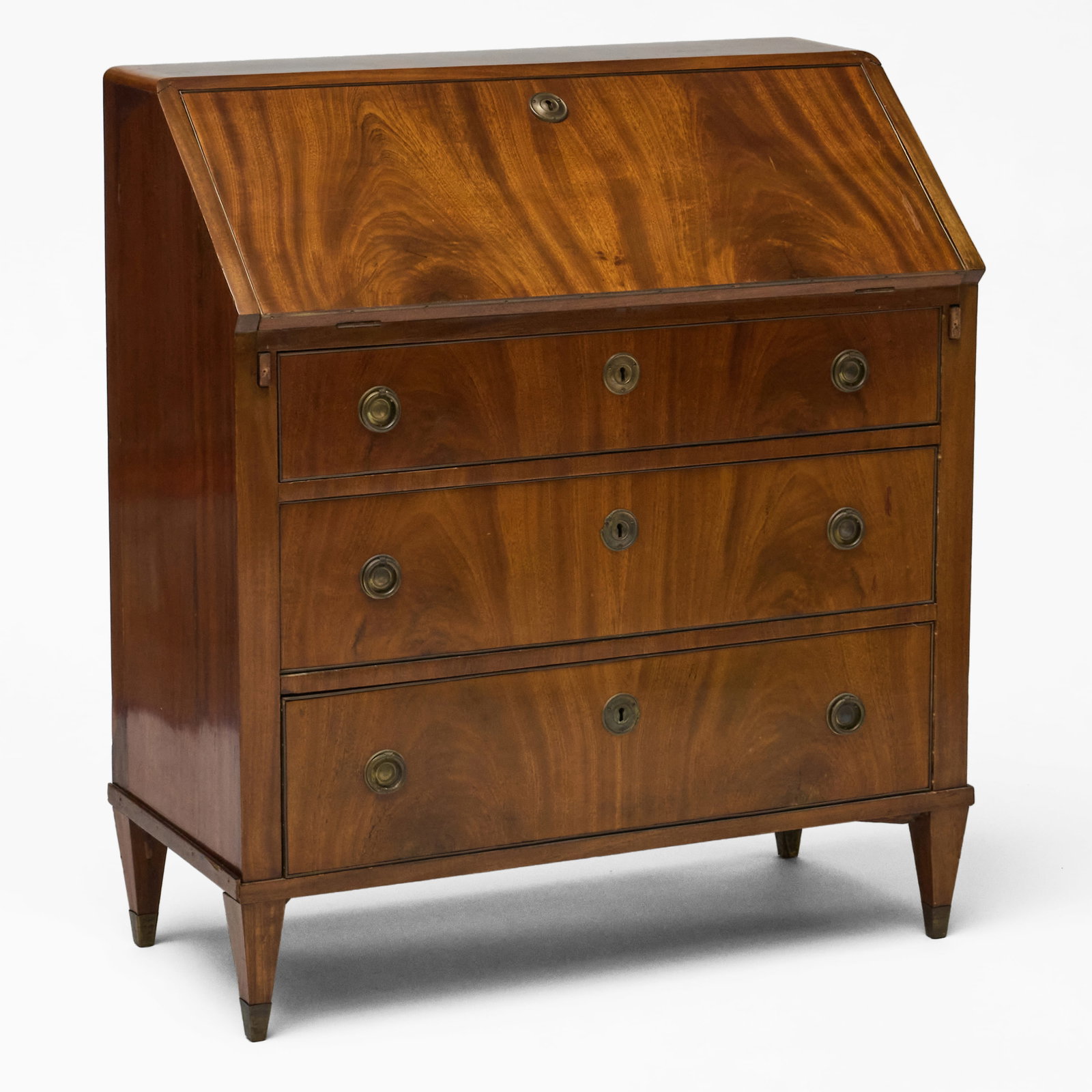 German Neoclassical Brass-Mounted Mahogany Slant-Front Desk: 41 1/4 x 37 x 17 in.
