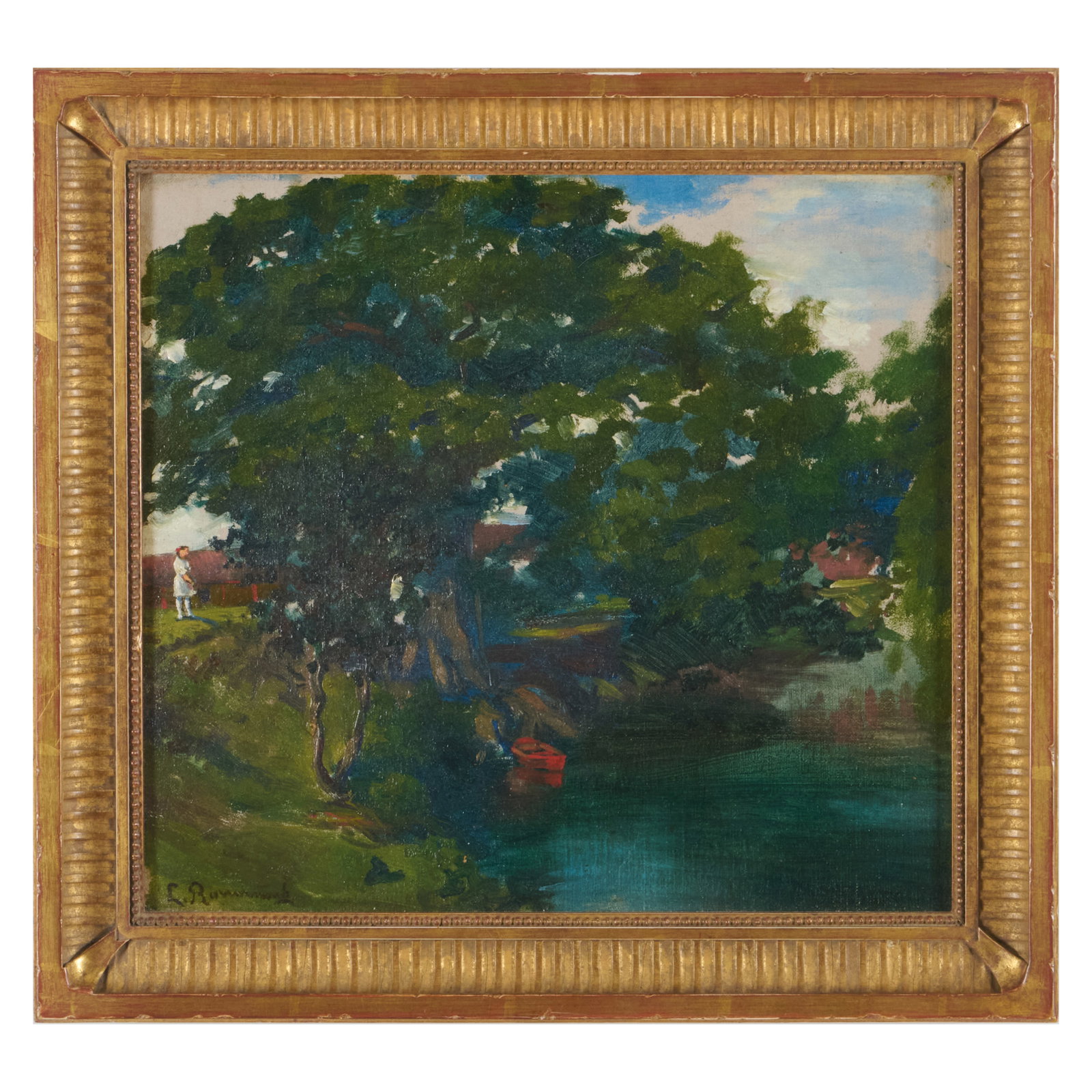 Leopoldo Romanach (1862-1951): Paisaje Fluvial: Oil on canvas mounted on thin board, signed 'L. Romanach' lower left. 10 3/4 x 11 3/4 in., 13 x 14 in. (frame).