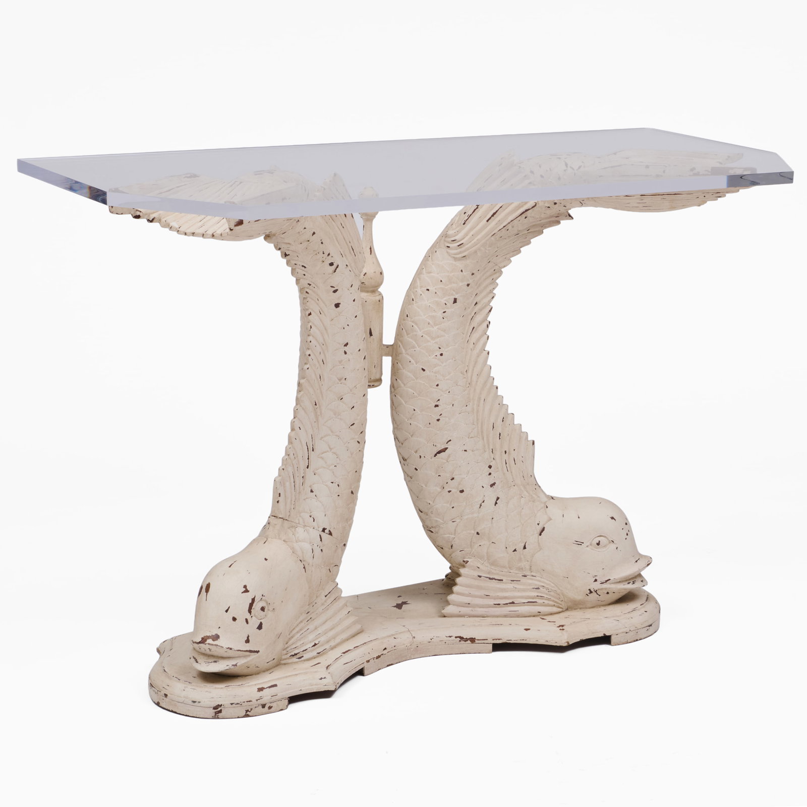 White Painted Dolphin Console with Lucite Top: 30 3/4 x 44 x 20 1/2 in.