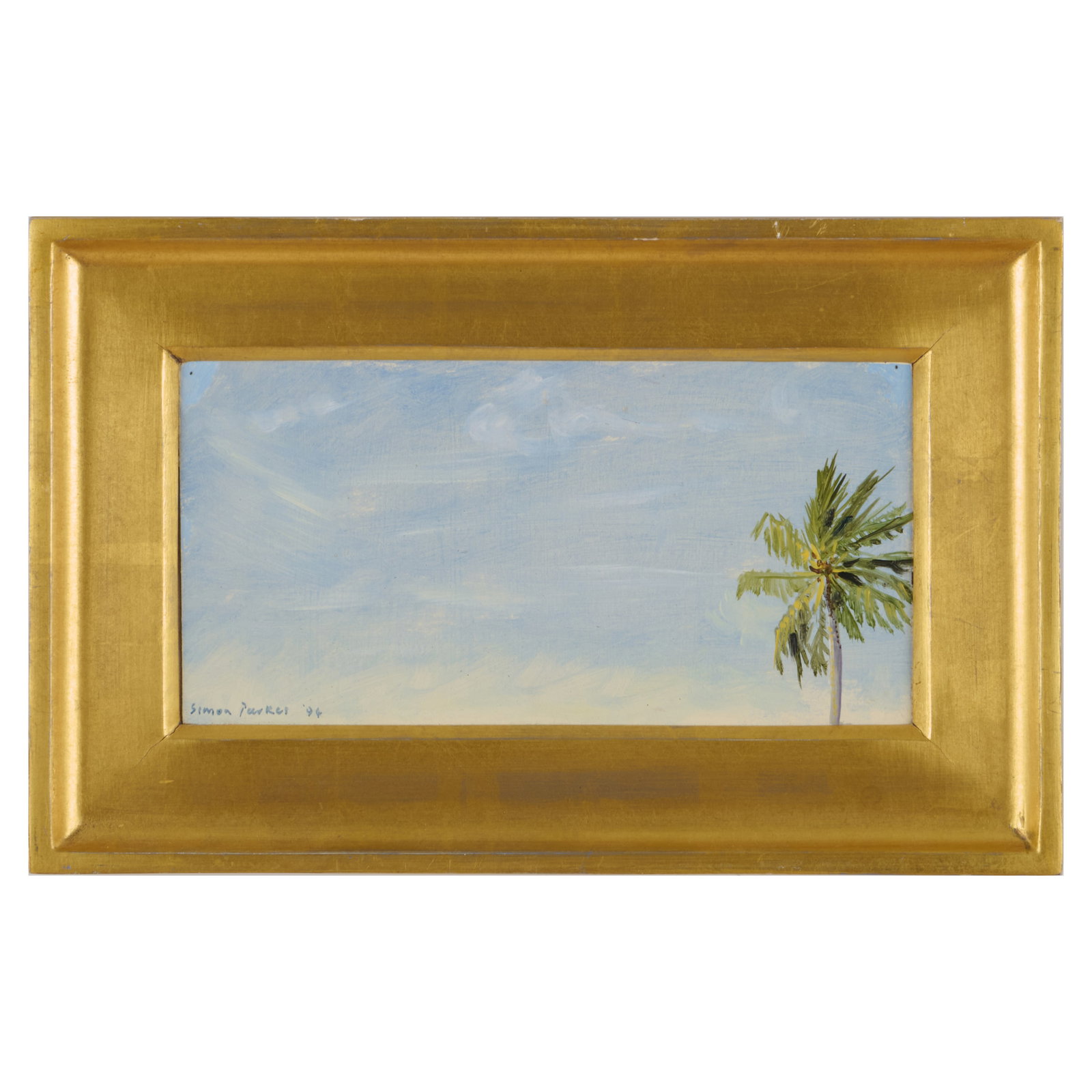 Simon Parkes (1954-2025): Palm Tree: Simon Parkes (1954-2025): Palm Tree Oil on canvas, 1994, signed 'Simon Parkes' and dated lower left. 4 1/2 x 8 1/2 in., 7 1/2 x 11 3/4 in. (frame). Collection of Percival Paul Steinhart, III.