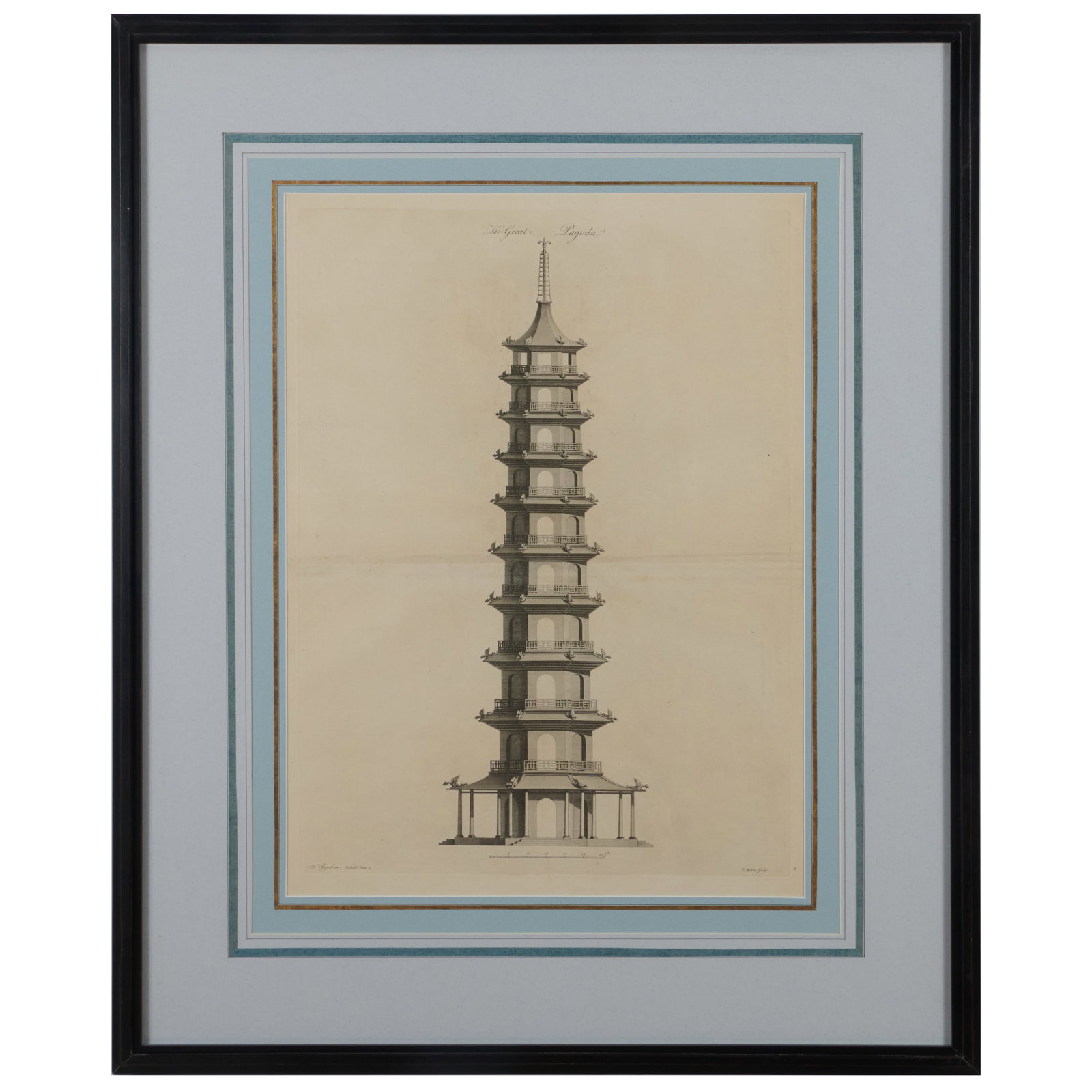English School: The Great Pagoda: Three Plates: Three engravings in black on laid paper. Two 18 x 12 in. (sight), 28 3/4 x 23 in. (frame), one 24 x 17 1/2 in. (sight), 36 x 29 1/2 in. (frame).