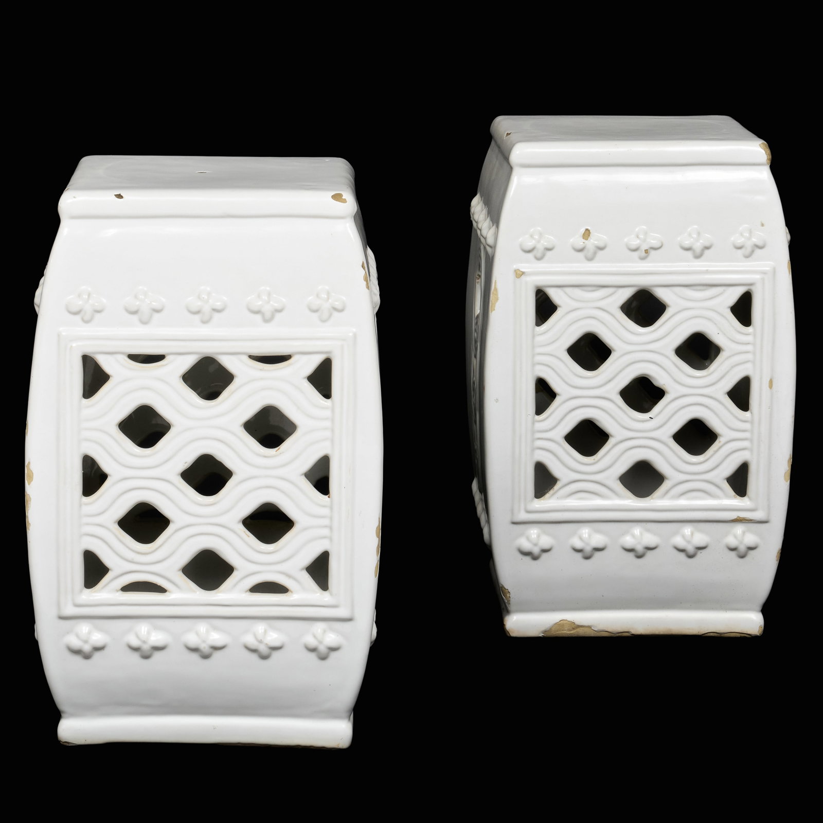 Pair of Chinese White Glazed Porcelain Shaped Square Garden Seats: 18 x 11 1/4 x 11 1/4 in.