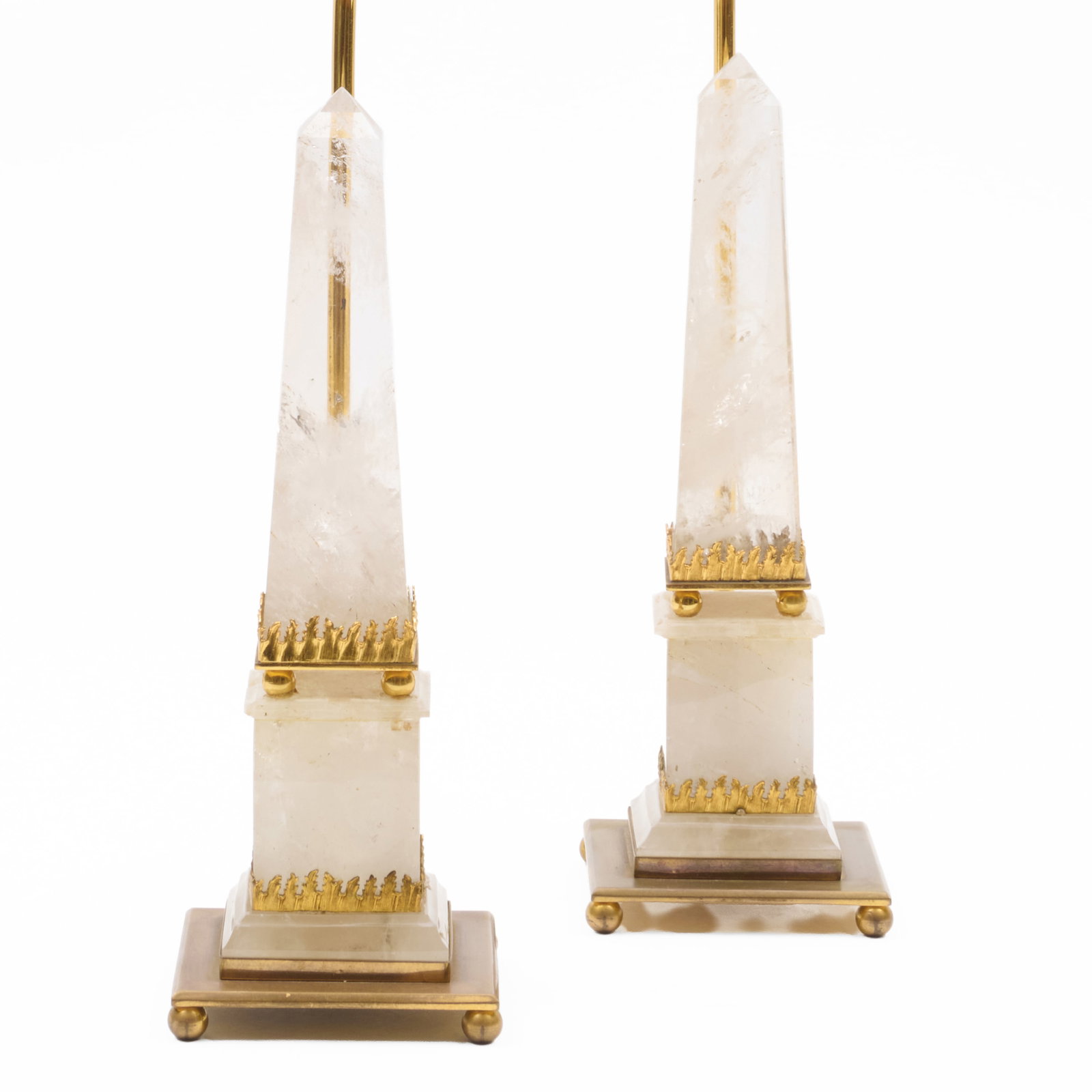 Pair of Brass-Mounted Rock Crystal Obelisks Mounted as Lamps: Pair of Brass-Mounted Rock Crystal Obelisks Mounted as Lamps 21 x 4 1/2 x 4 1/2 in.