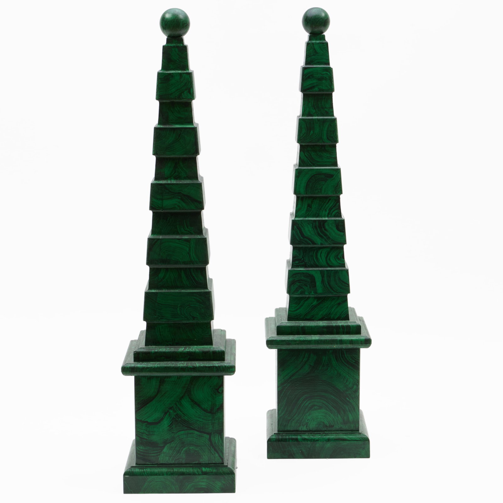 Pair of Tall Malachite Painted Rusticated Obelisks: Pair of Tall Malachite Painted Rusticated Obelisks 32 x 7 3/4 x 7 3/4 in.