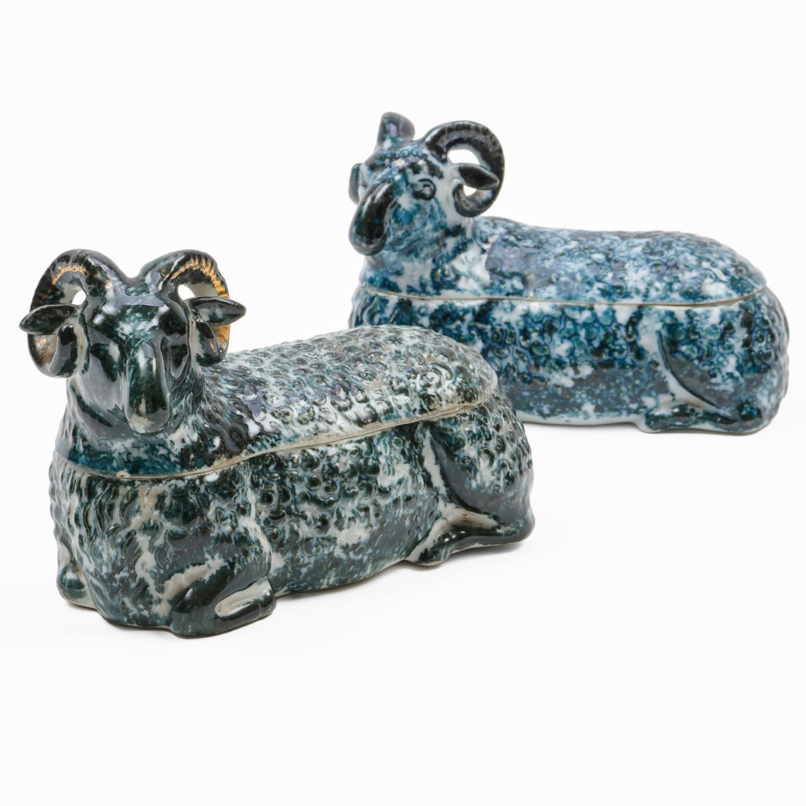 Pair of Russian Kuznetsov Porcelain Ram Form Boxes and Covers: Pair of Russian Kuznetsov Porcelain Ram Form Boxes and Covers Printed mark.4 3/4 x 7 x 3 1/4 in.