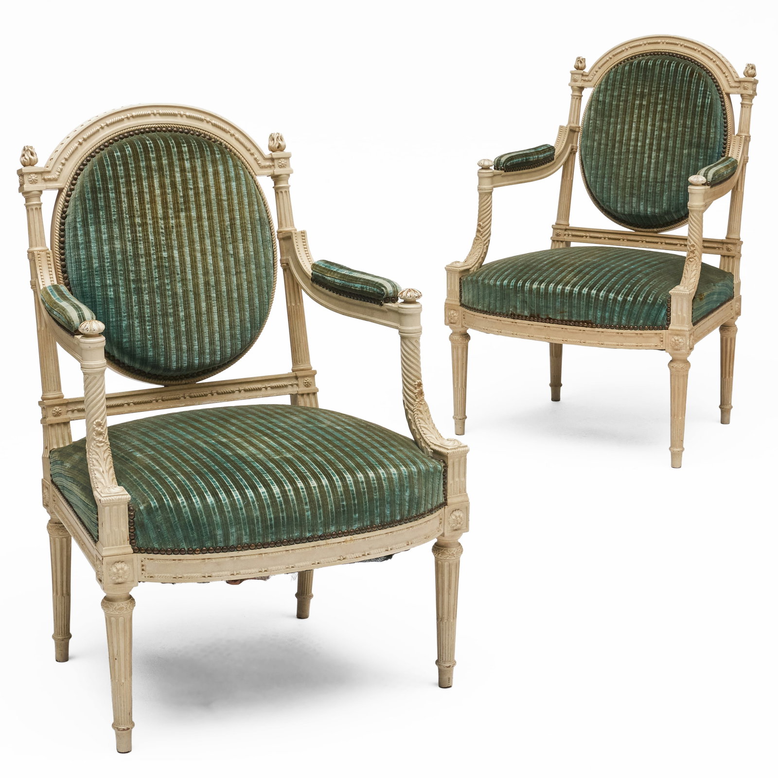 Pair of Louis XVI Style Painted Fauteuils a la Reine: Pair of Louis XVI Style Painted Fauteuils a la Reine 39 1/4 x 26 x 27 1/2 in., seat height 17 1/ 2 in.