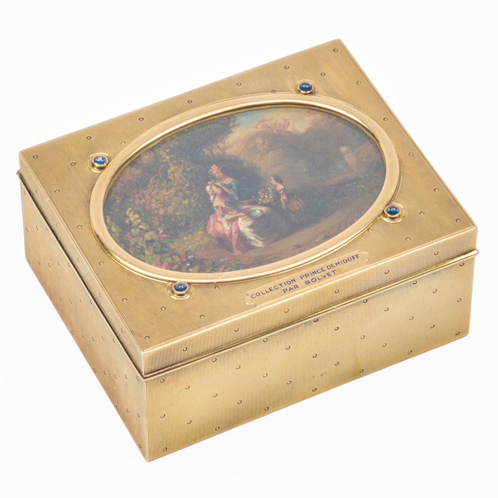 14k Gold Cigarette Box Inset with a Miniature Painting of Figures in a Landscape (1 of 10)
