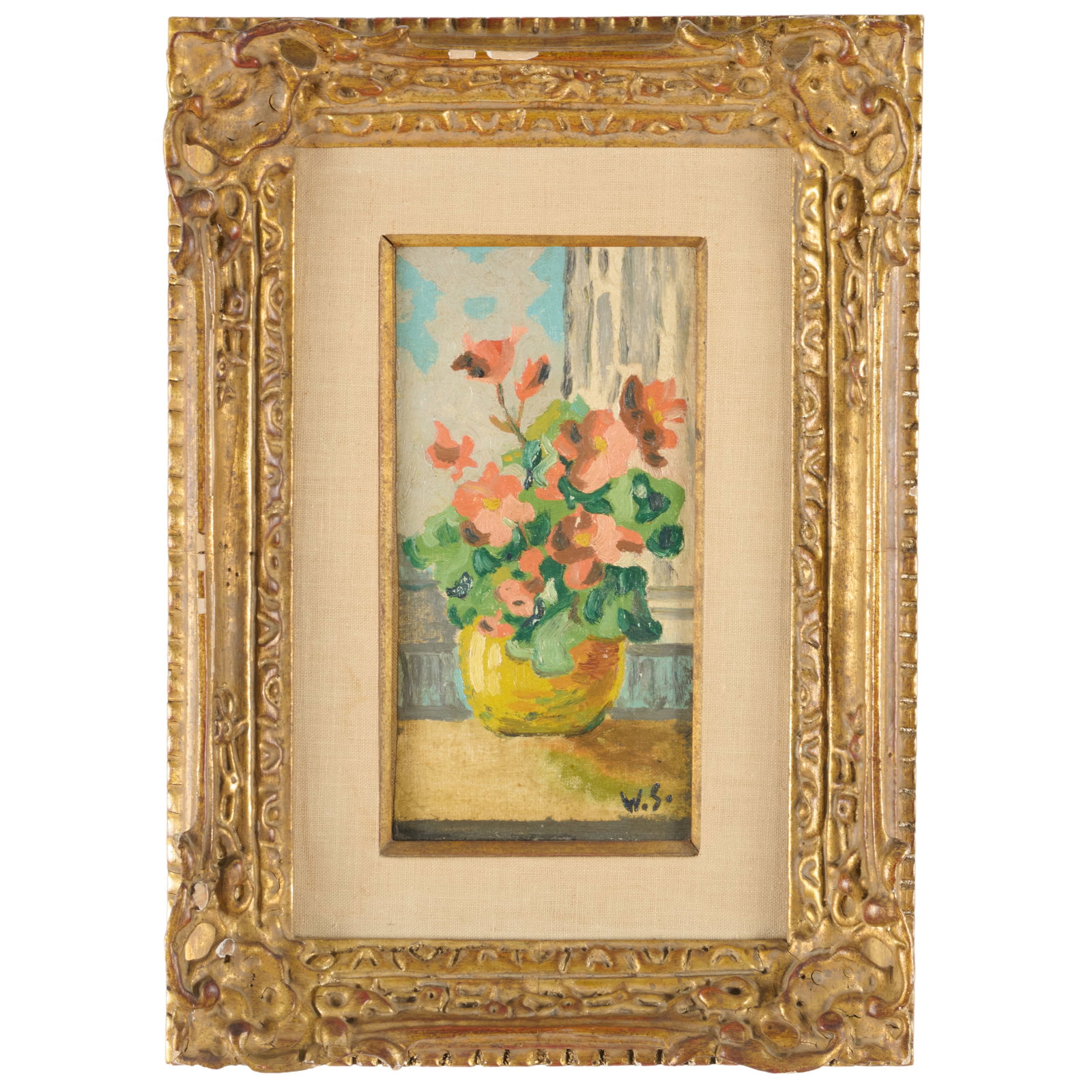 Attributed to William Glackens (1870-1938): Floral Still Life: Attributed to William Glackens (1870-1938): Floral Still Life Oil on canvas, signed with initials 'W.G.' lower right, with label from Hammer Galleries, NY. 10 5/8 x 5 3/4 in., 17 1/2 x 12 1/2 in. (fra
