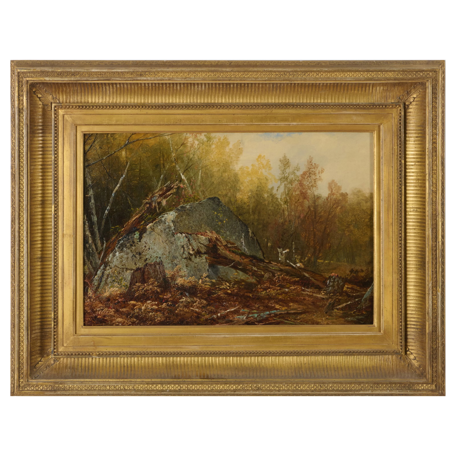 Attributed to John Frederick Kensett (1816-1872): Study for Mount Chocurua, Interior Rock Study: Attributed to John Frederick Kensett (1816-1872): Study for Mount Chocurua, Interior Rock Study Oil on canvas, unsigned, with label from Alexander Gallery, NY, lined. 12 x 18 in., 20 1/2 x 26 1/2 in. 