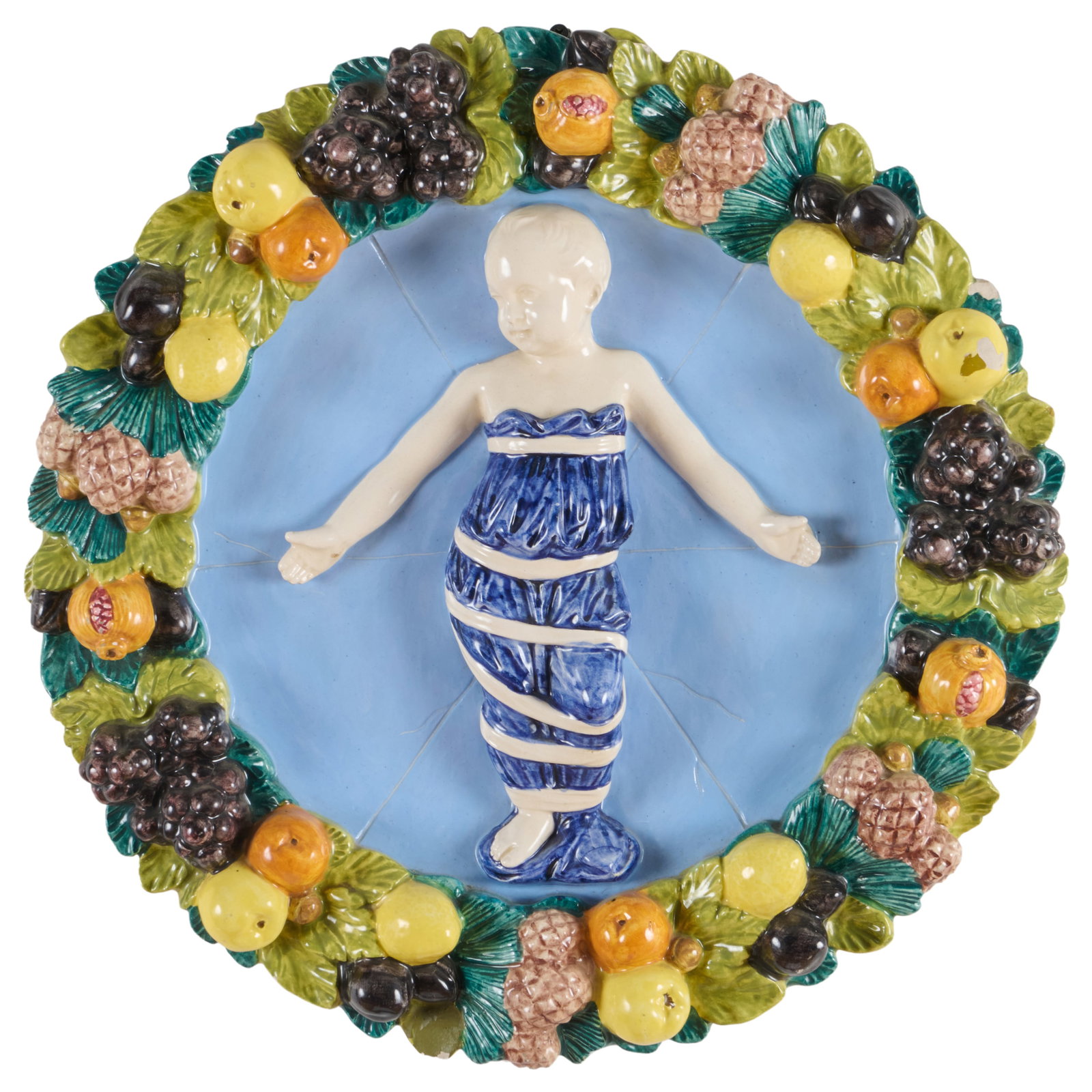 After Della Robbia Glazed Tondo of the Infant Jesus: After Della Robbia Glazed Tondo of the Infant Jesus Black painted mark 'Italy;.2 3/4 x 17 in. diam.