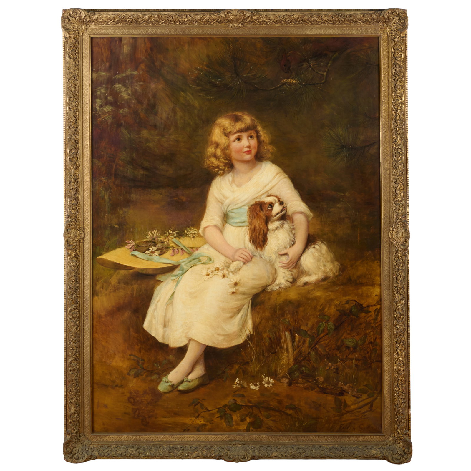 English School: Portrait of a Young Girl and Spaniel: English School: Portrait of a Young Girl and Spaniel Oil on canvas, indistinctly signed lower right. 59 x 44 in., 67 x 51 in. (frame).