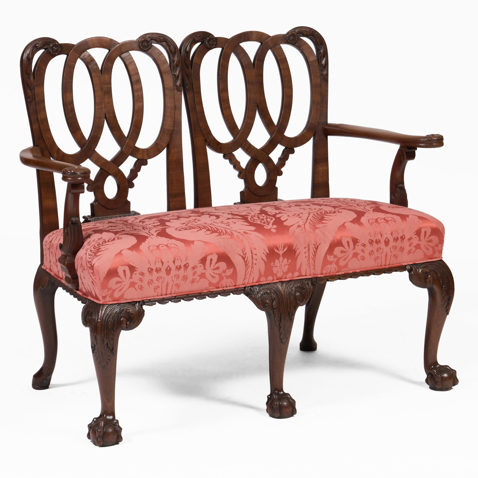 George II Mahogany and Silk Damask Upholstered Chairback Settee (1 of 7)