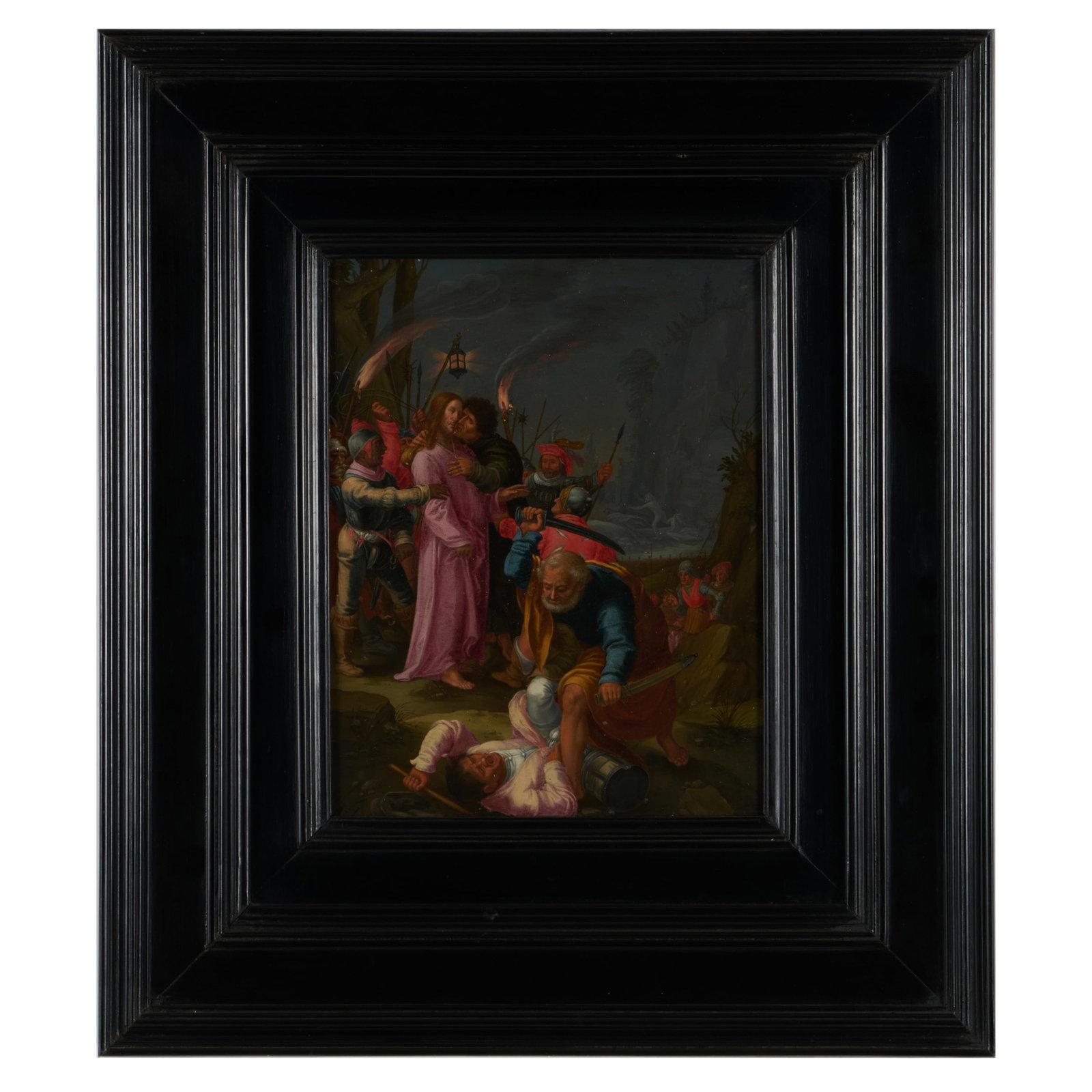 Frankenthal School: The Betrayal of Christ: Frankenthal School: The Betrayal of Christ Oil on copper, unsigned. 7 1/4 x 5 3/4 in., 13 x 11 3/8 in. (frame). Sold Sotheby's, NY, October 21, 1988, Lot 6. The H. George and Marianne Mandel
