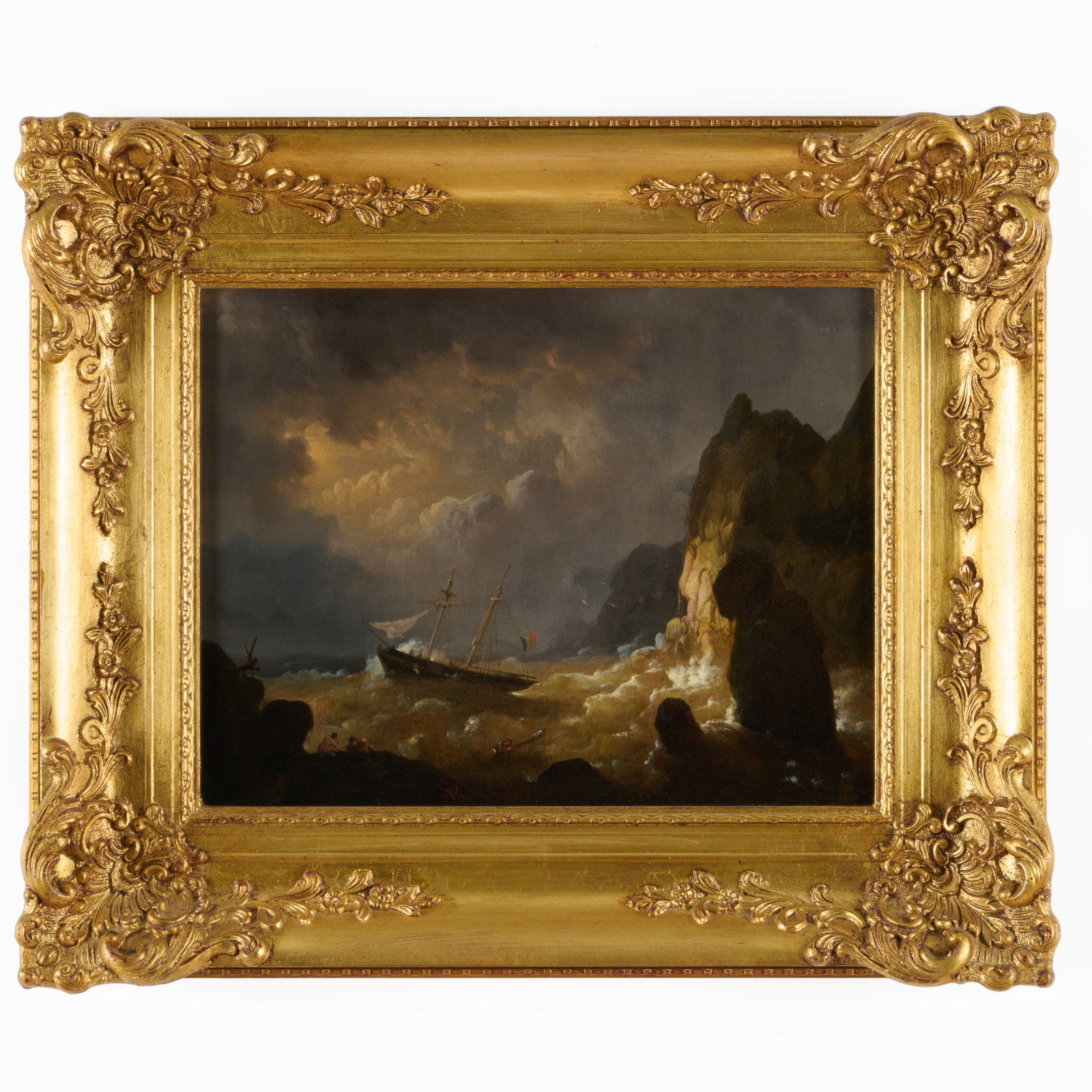 Egide Linnig (1821-1860): Le Naufrage: Egide Linnig (1821-1860): Le Naufrage Oil on panel, signed 'Egide Linnig' lower center, the panel with the artist's imprint on the reverse. 12 x 15 in., 18 1/2 x 22 in. (frame). Property from the