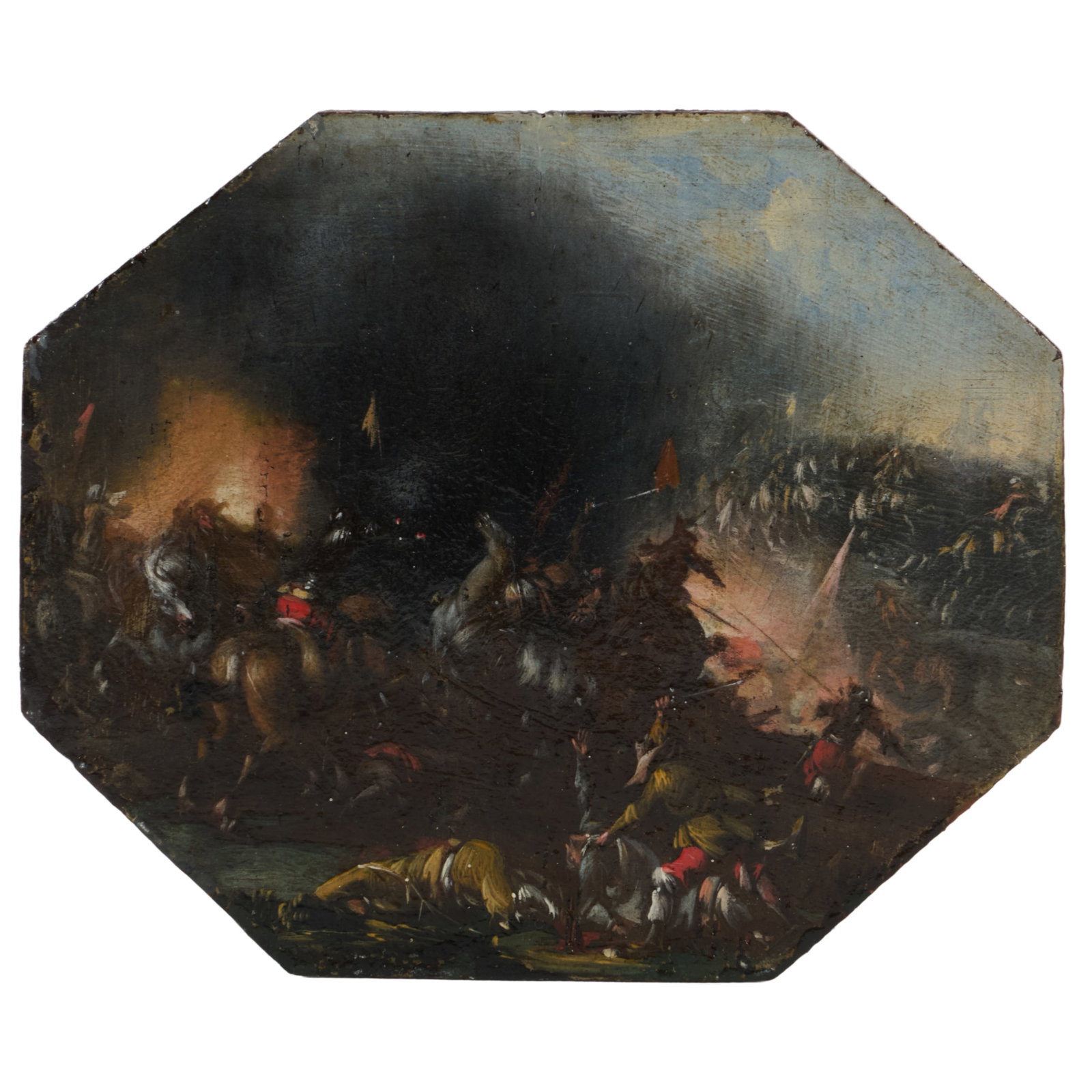Dutch School: A Cavalry Skirmish: Dutch School: A Cavalry Skirmish Oil on panel, unsigned.3 3/4 x 4 1/2 in., unframed. By repute, property of Lady Lemina Lawson-Johnston.By repute, sold Bonhams, London, July 8, 1993, Lot 98. The H.
