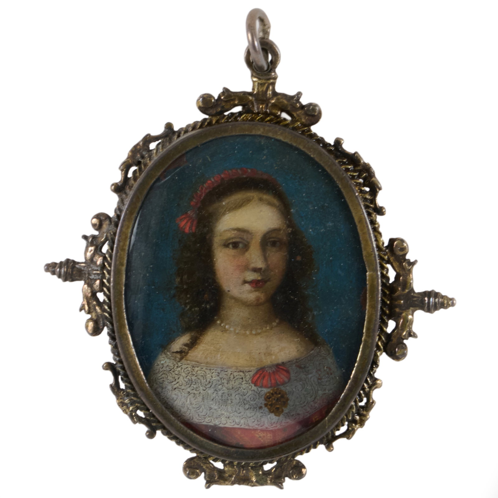 Continental School: Portrait of a Young Woman Wearing a Red Dress with Lace Collar: Continental School: Portrait of a Young Woman Wearing a Red Dress with Lace Collar Oil on copper, unsigned, indistinctly inscribed on the reverse. 2 1/4 in. (oval), 3 1/4 x 3 in. (frame, oval). By