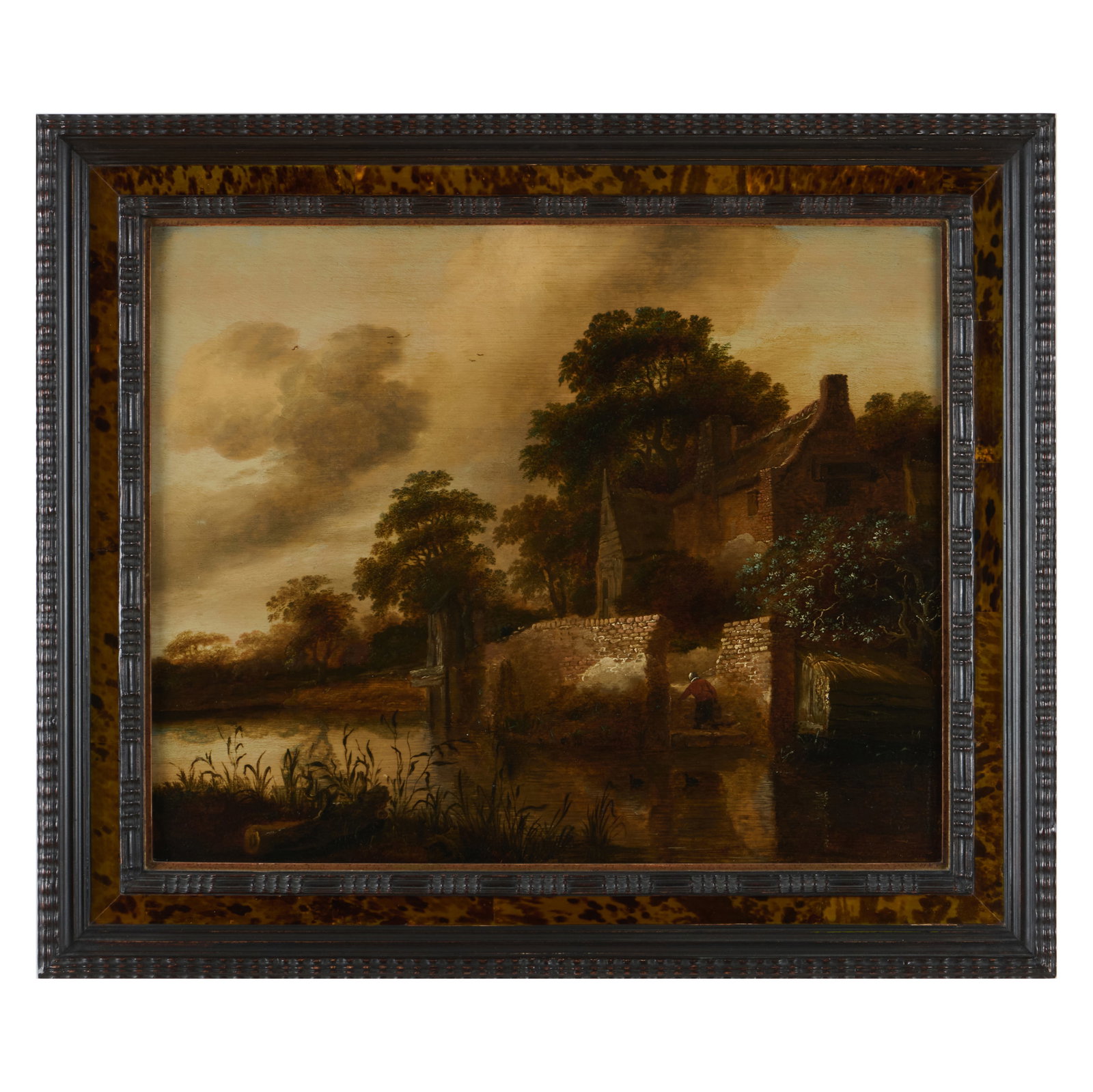 Attributed to Cornelis Gerritsz Decker (1625-1678): Woman at River's Edge: Attributed to Cornelis Gerritsz Decker (1625-1678): Woman at River's Edge Oil on panel, unsigned. 17 5/8 x 22 in., 23 1/4 x 27 1/2 in. (frame). Johnny Brems, Heist-Op-Den-Berg, Belgium. Property from