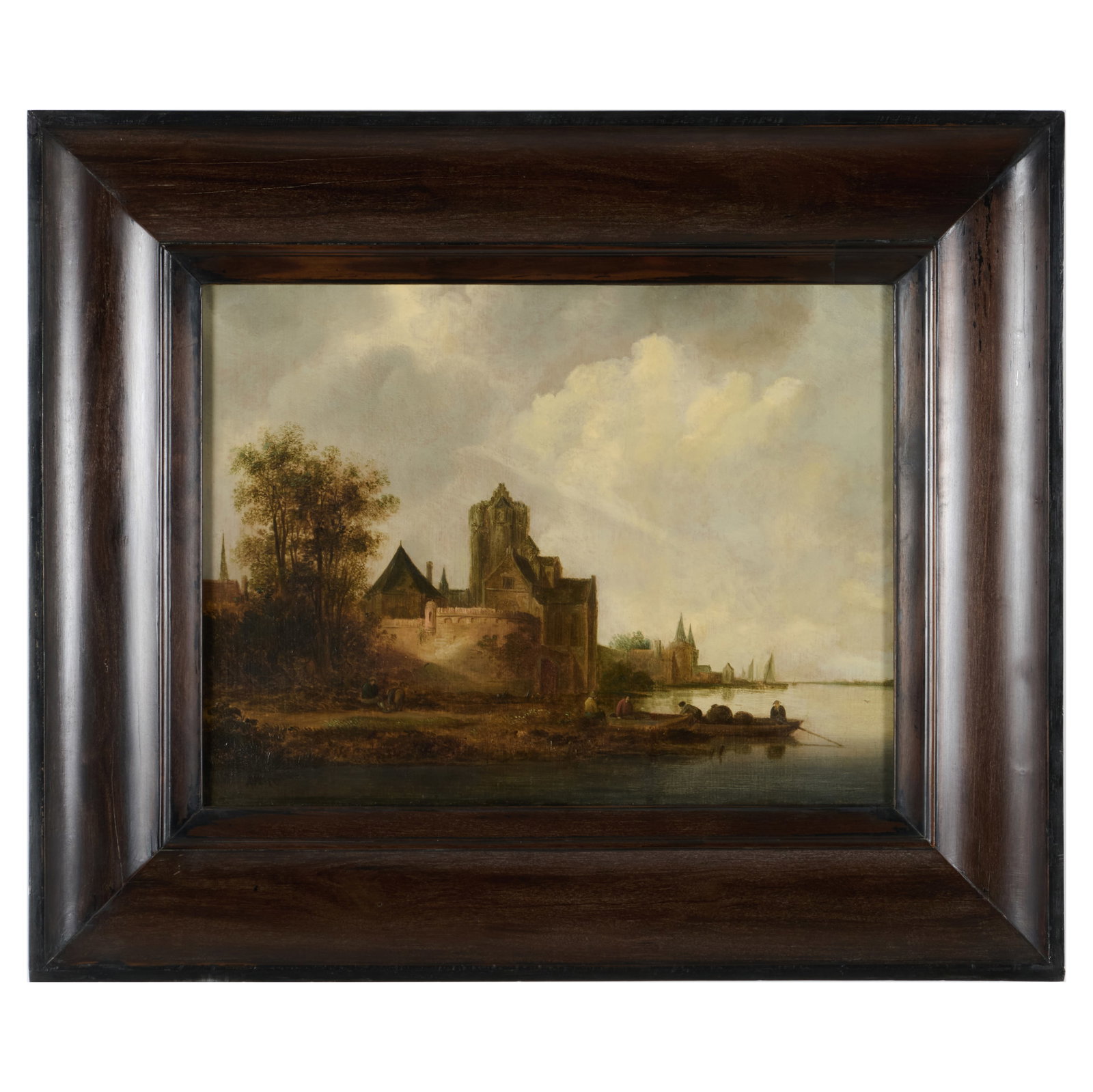 Attributed to Frans de Hulst (1610-1661): Fortified Town on a River: Attributed to Frans de Hulst (1610-1661): Fortified Town on a River Oil on panel, unsigned. 11 x 14 3/4 in., 18 1/2 x 22 in. (frame). Exhibited: Trout Gallery, Dickson College, Carlisle, PA, October