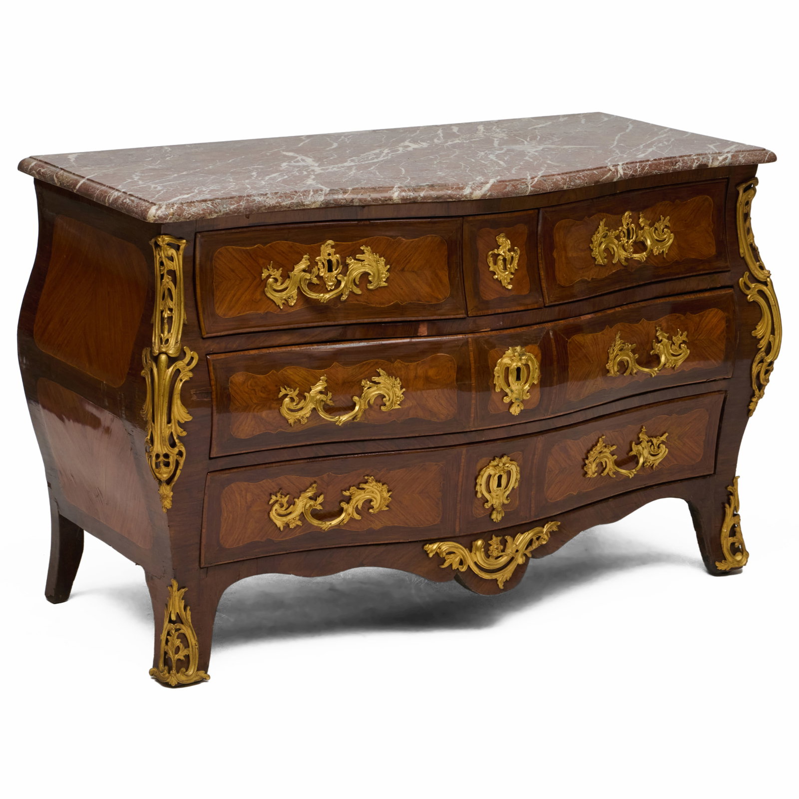 Early Louis XV Ormolu-Mounted Kingwood and Tulipwood Serpentine-Front Commode with Marble Top: Early Louis XV Ormolu-Mounted Kingwood and Tulipwood Serpentine-Front Commode with Marble Top 34 x 4 ft. 4 x 25 1/2 in.