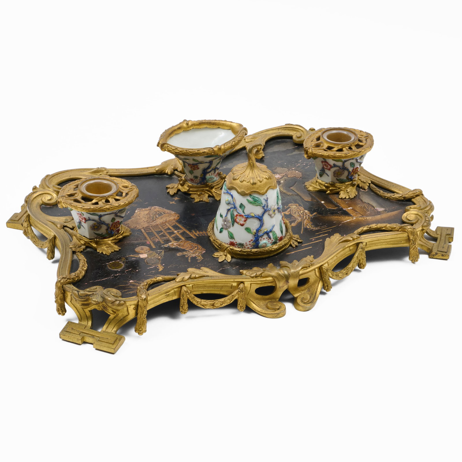 Louis XV Style Lacquer, Porcelain, and Gilt-Bronze Mounted Ink Stand (1 of 12)