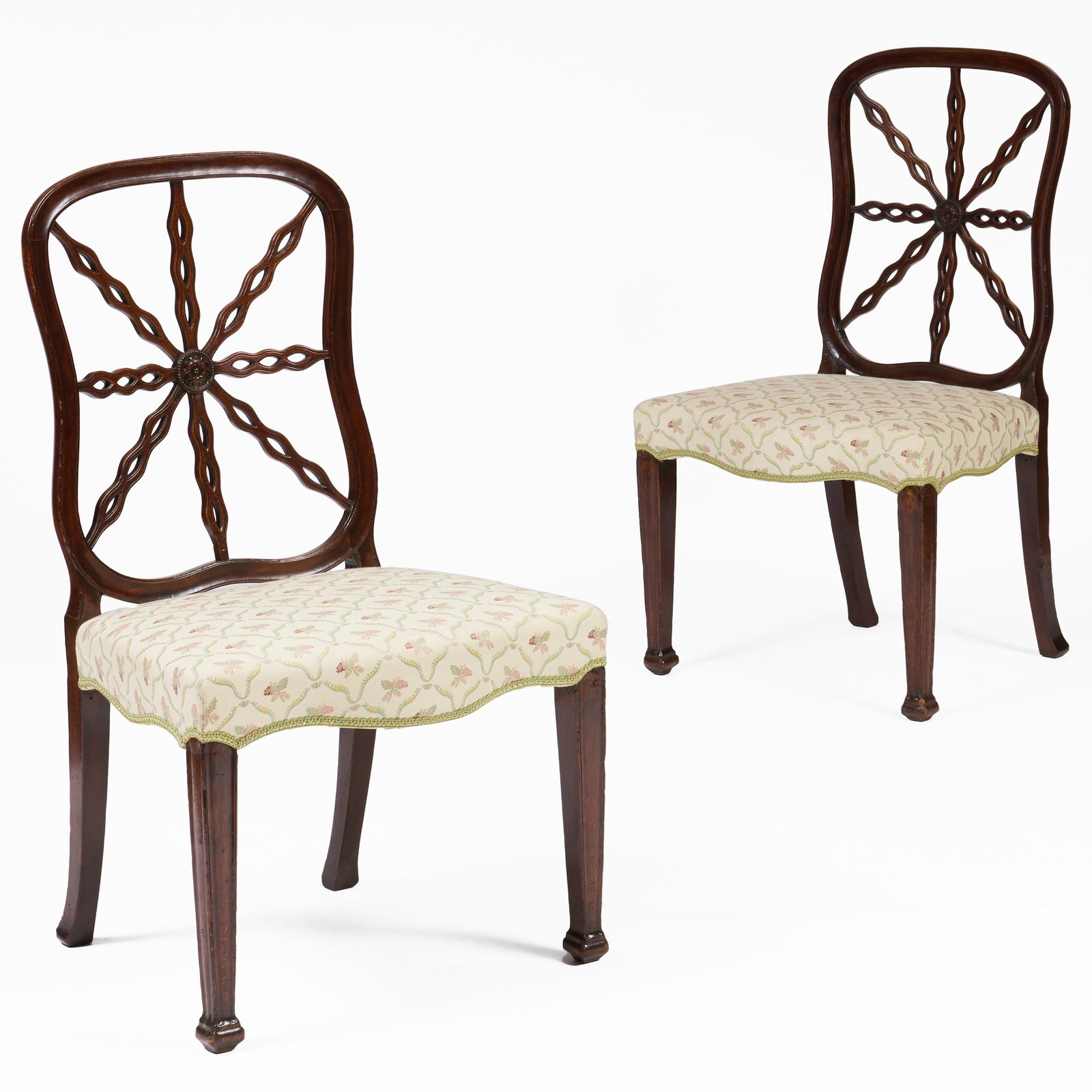 Pair of George III Mahogany and Upholstered Wheel Back Side Chairs (1 of 7)