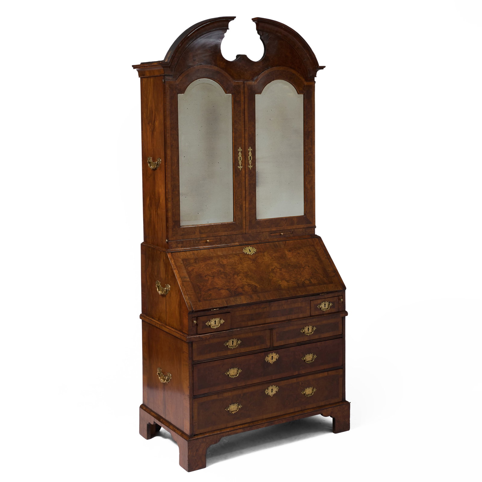 George I Featherbanded and Crossbanded Burl Walnut Bureau Cabinet: George I Featherbanded and Crossbanded Burl Walnut Bureau Cabinet In two parts. Fitted with beveled mirror plates, a compartmentalized interior, two candle slides, and an inset tooled leather writing