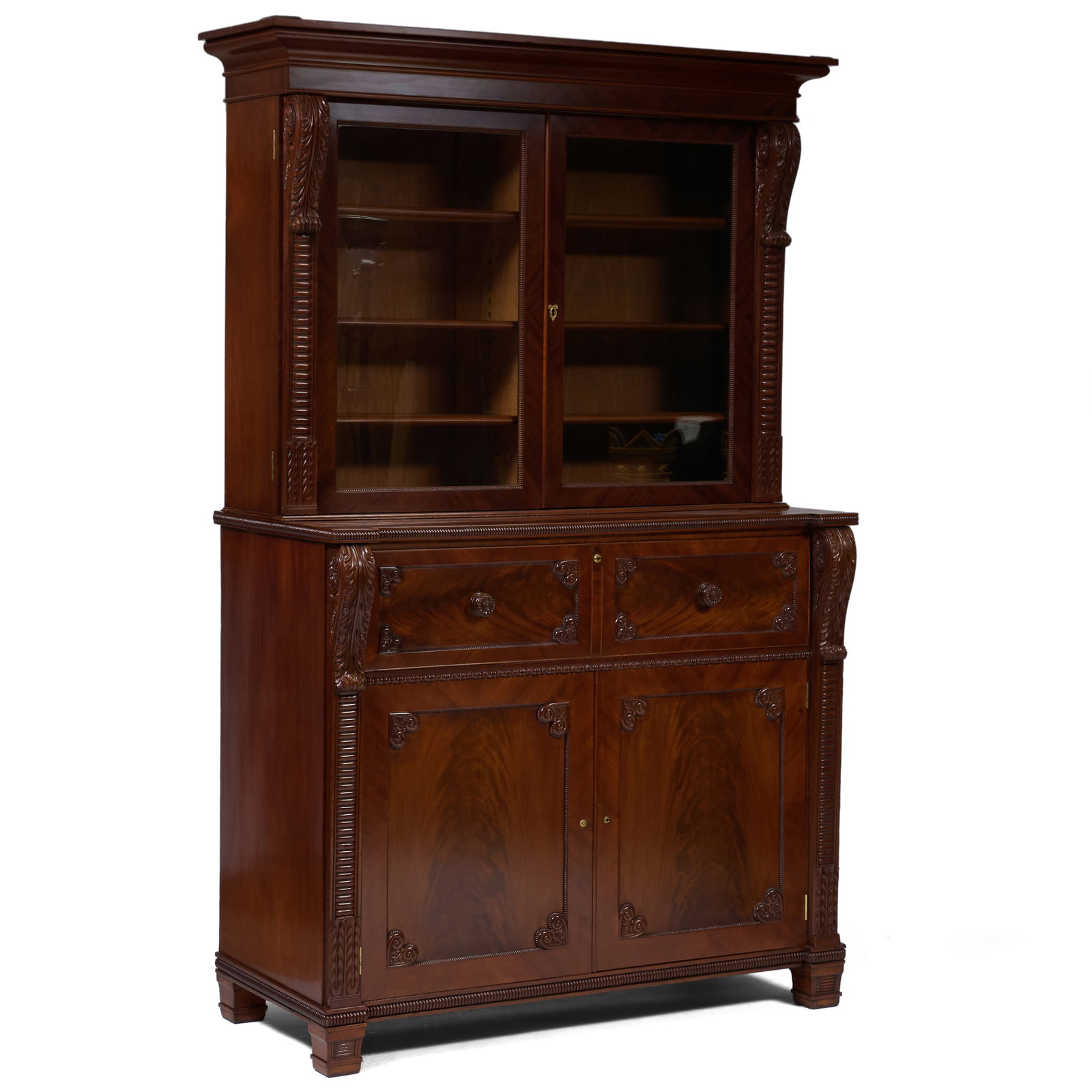 Regency Ebonized-Inlaid Mahogany Secretary Bookcase Cabinet: Regency Ebonized-Inlaid Mahogany Secretary Bookcase Cabinet In two parts. Fitted with Bramah locks, with one key. Lower cabinet fitted with sliding shelves. 7 ft. 5 x 4 ft. 5 1/2 x 27 in.