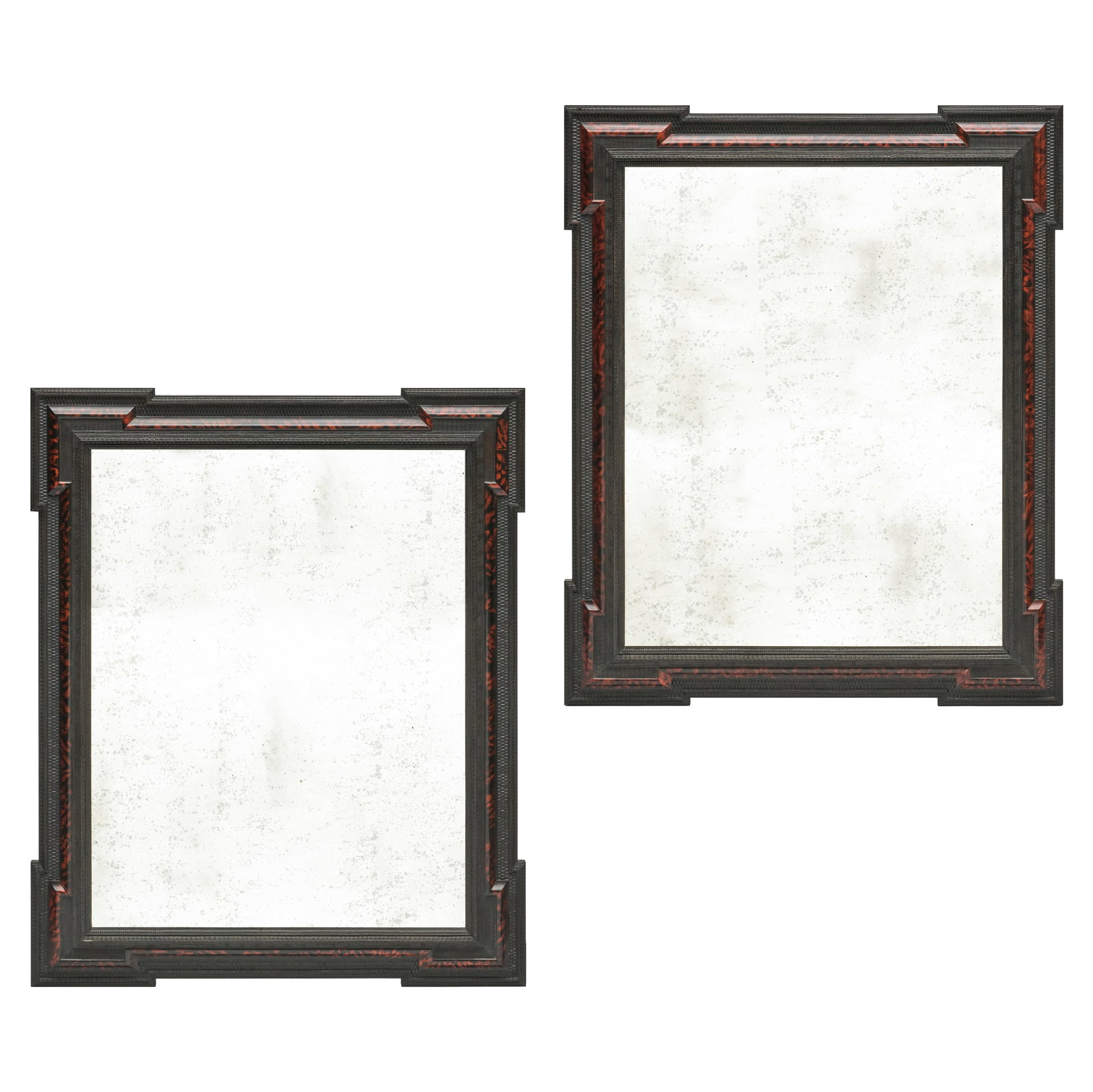 Pair of Large Flemish Baroque Style Faux Tortoiseshell and Ebonized Mirrors: Pair of Large Flemish Baroque Style Faux Tortoiseshell and Ebonized Mirrors 6 ft. 3 x 5 ft. 3 in. Collection of a Gil Schafer Designed Home & a Miles Redd Interior.