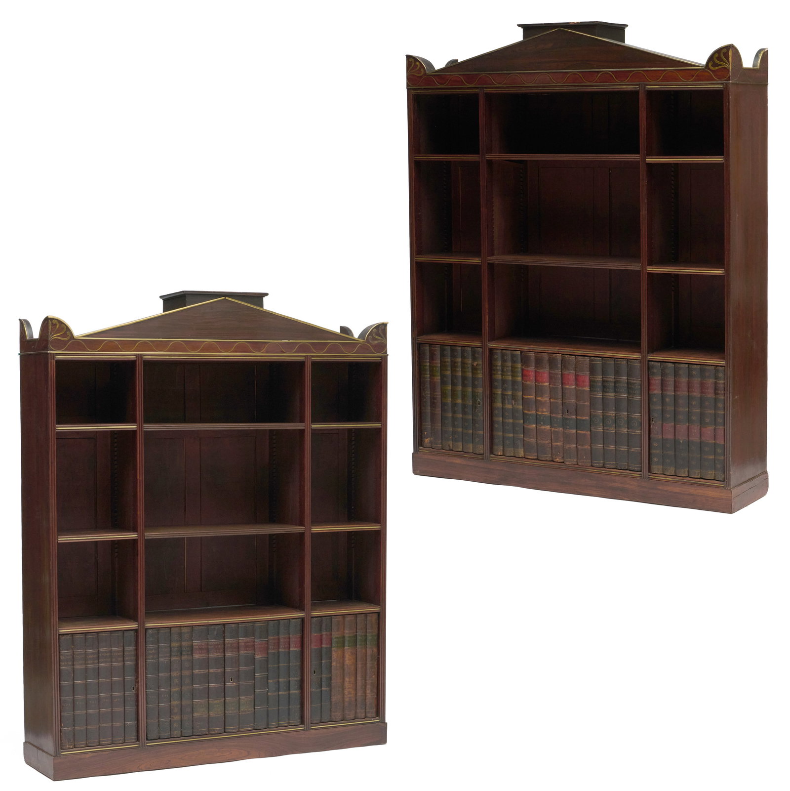 Pair of Regency Style Brass-Inlaid Mahogany, Rosewood, and Grain-Painted Library Bookcases (1 of 20)