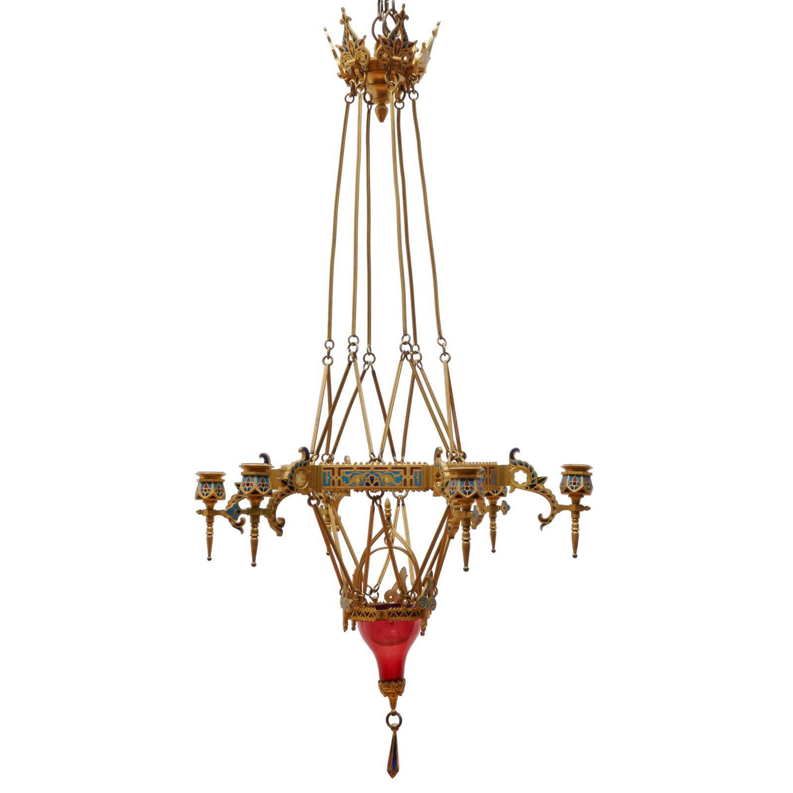 Aesthetic Movement Gilt-Bronze and Champleve Enamel Six-Light Chandelier, Possibly Ferdinand (1 of 9)