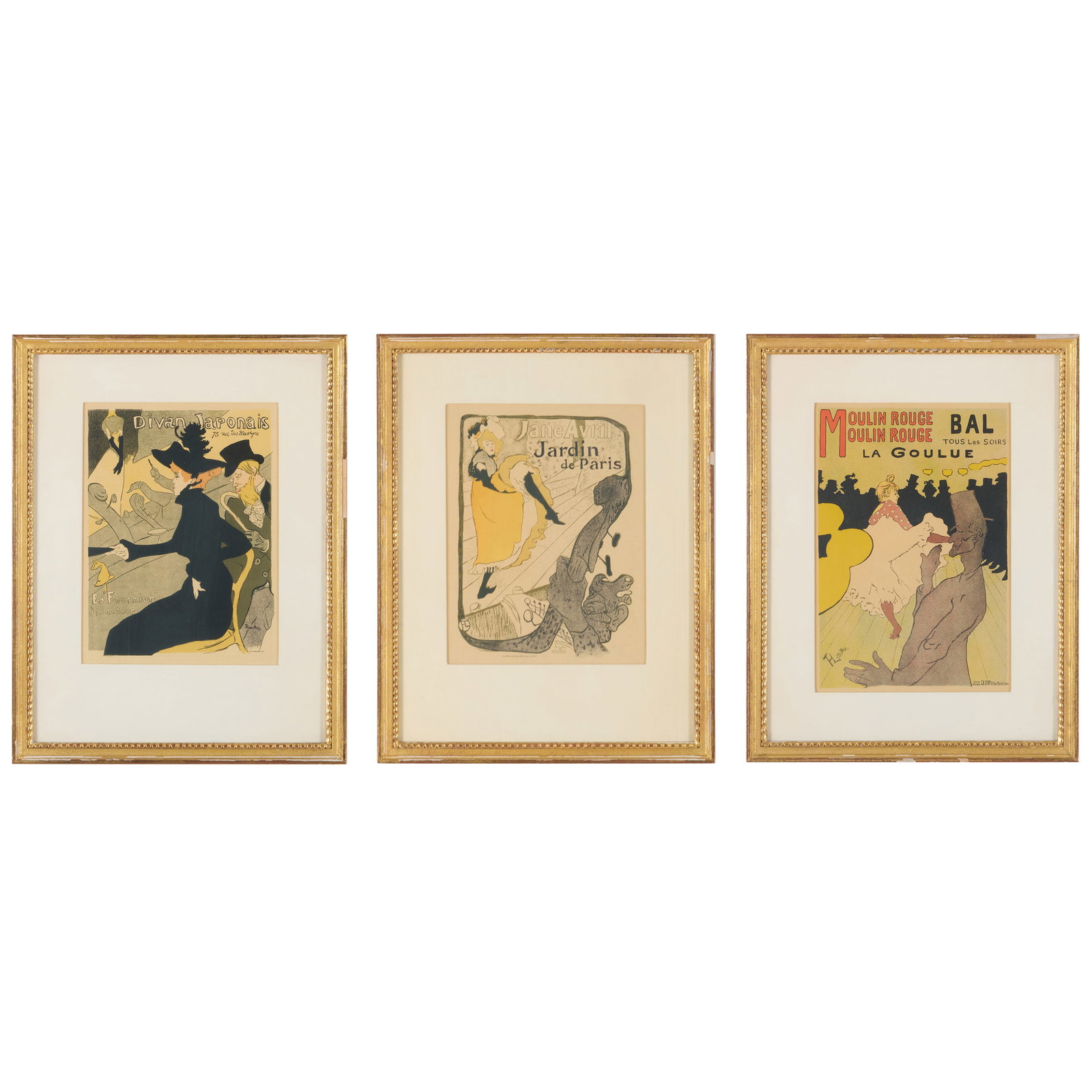 Henri de Toulouse-Lautrec (1864-1901): Jane Avril; Divan Japonais; and La Goulue, from Les Maitres: Henri de Toulouse-Lautrec (1864-1901): Jane Avril; Divan Japonais; and La Goulue, from Les Maitres de l'Affiches Three lithographic posters in colors on heavy wove paper, 1895-1900, with the Les