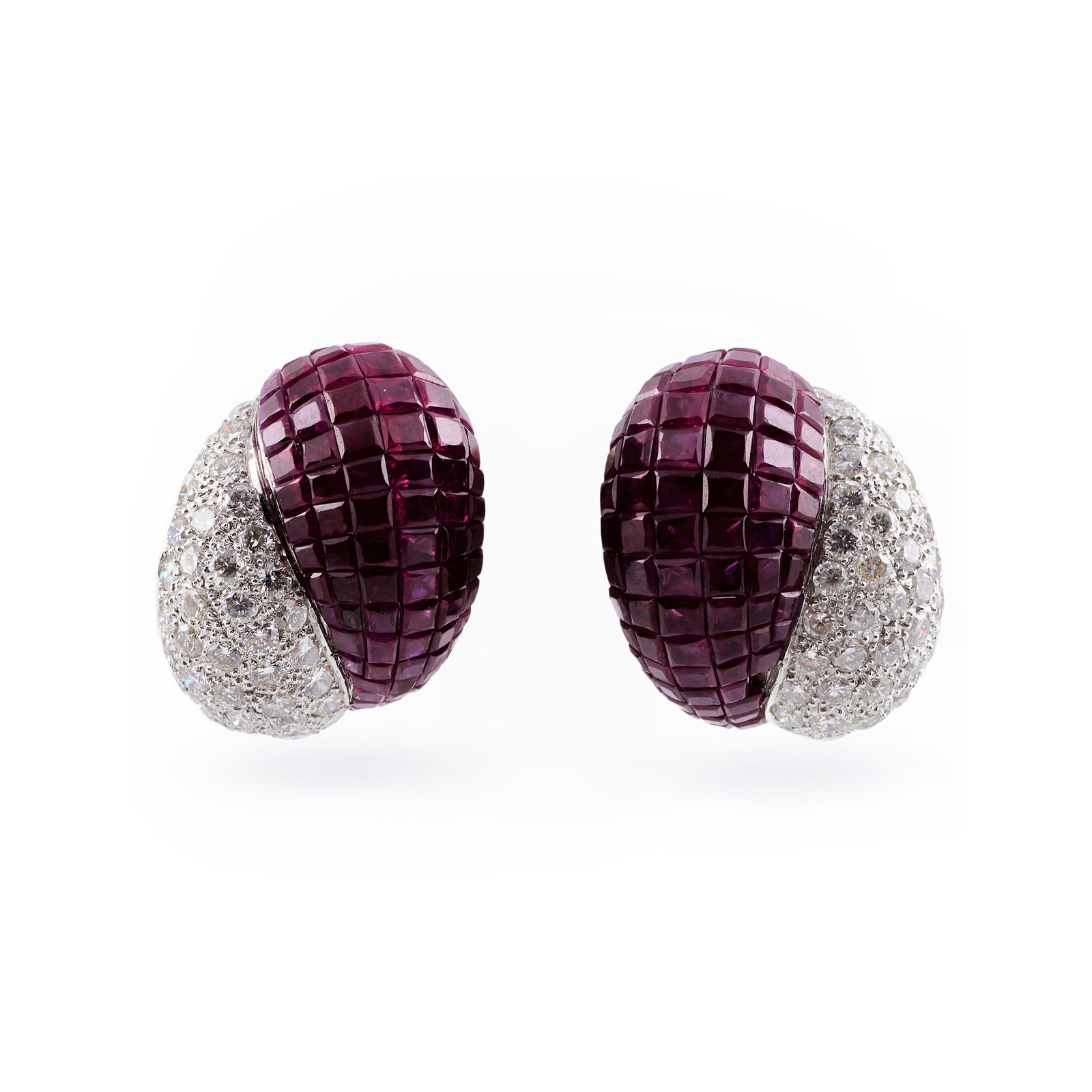 Pair of Diamond, Ruby and 14k White Gold Earclips: Pair of Diamond, Ruby and 14k White Gold Earclips Marked '14k'. 1 x 3/4 in., 11.3 dwts.