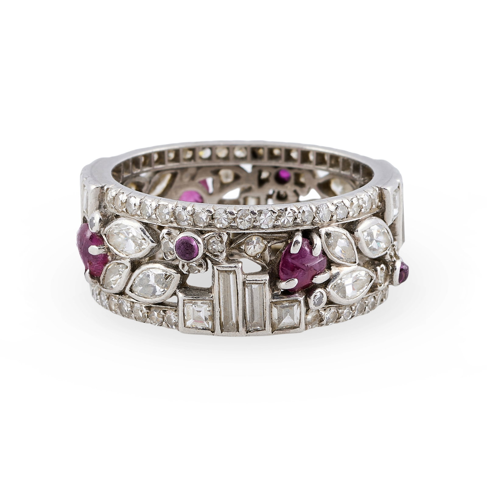 Art Deco Platinum, Ruby and Diamond Band Ring: Art Deco Platinum, Ruby and Diamond Band Ring Appears to be unmarked. Size 9, 6 dwts.