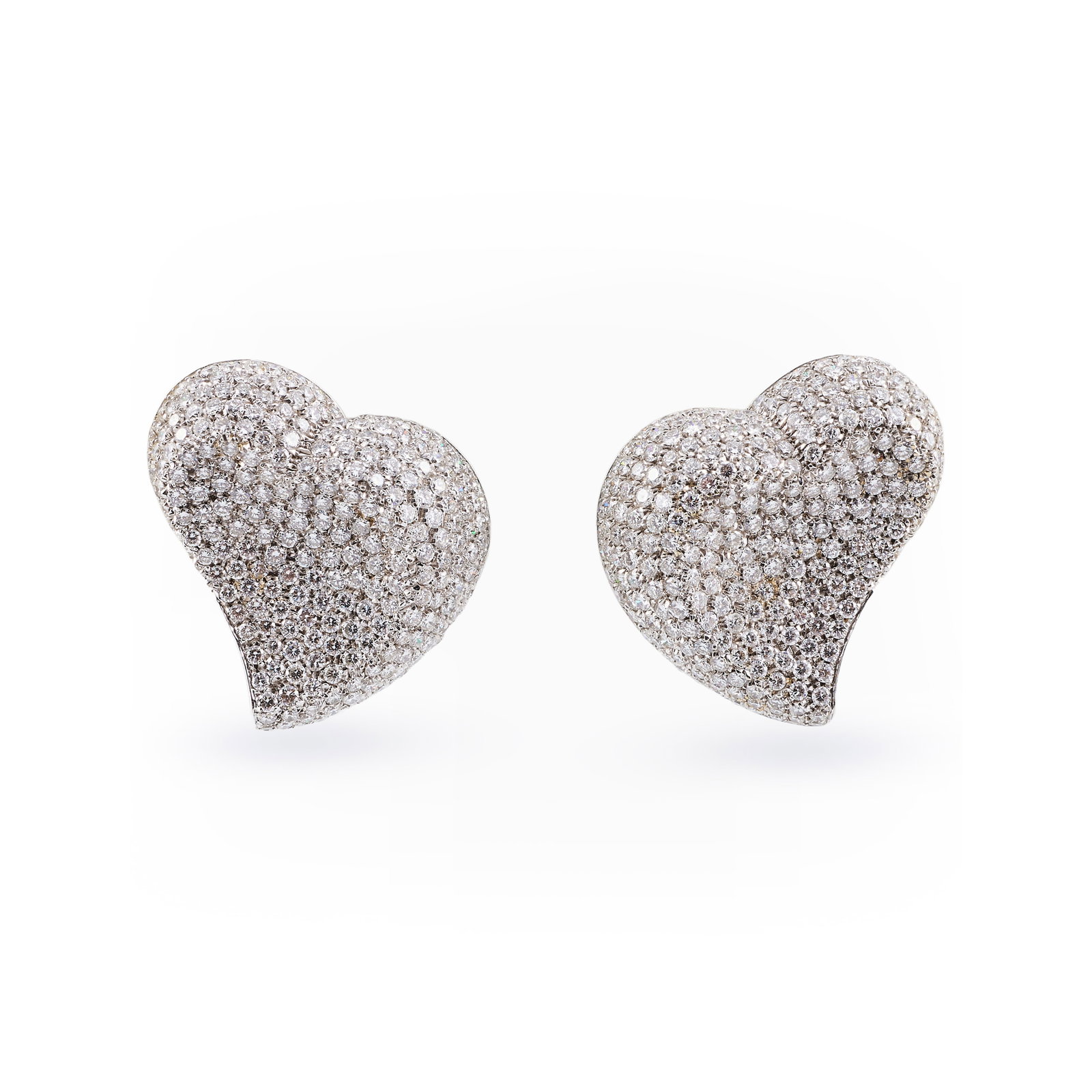 Pair of Diamond and 18k White Gold Heart-Shaped Earrings: Pair of Diamond and 18k White Gold Heart-Shaped Earrings Marked '750'. Approximately 1 x 1 in., 12.4 dwts.