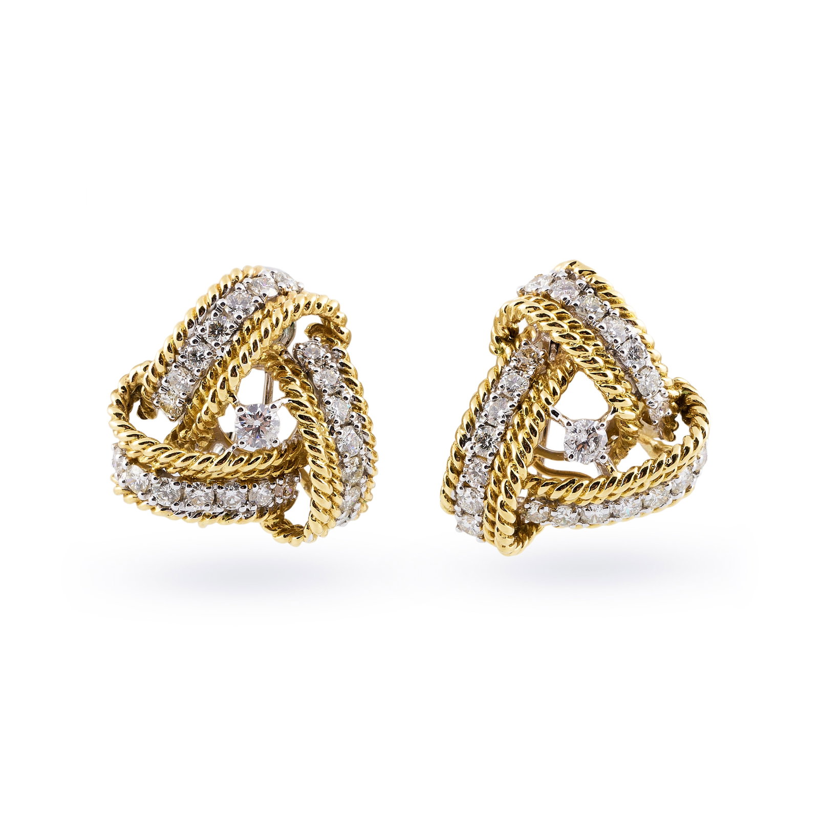 Pair of 18k Yellow and White Gold and Diamond Earrings: Pair of 18k Yellow and White Gold and Diamond Earrings Marked '18k / 750'. Approximately 1 x 1 in., 13.3 dwts.