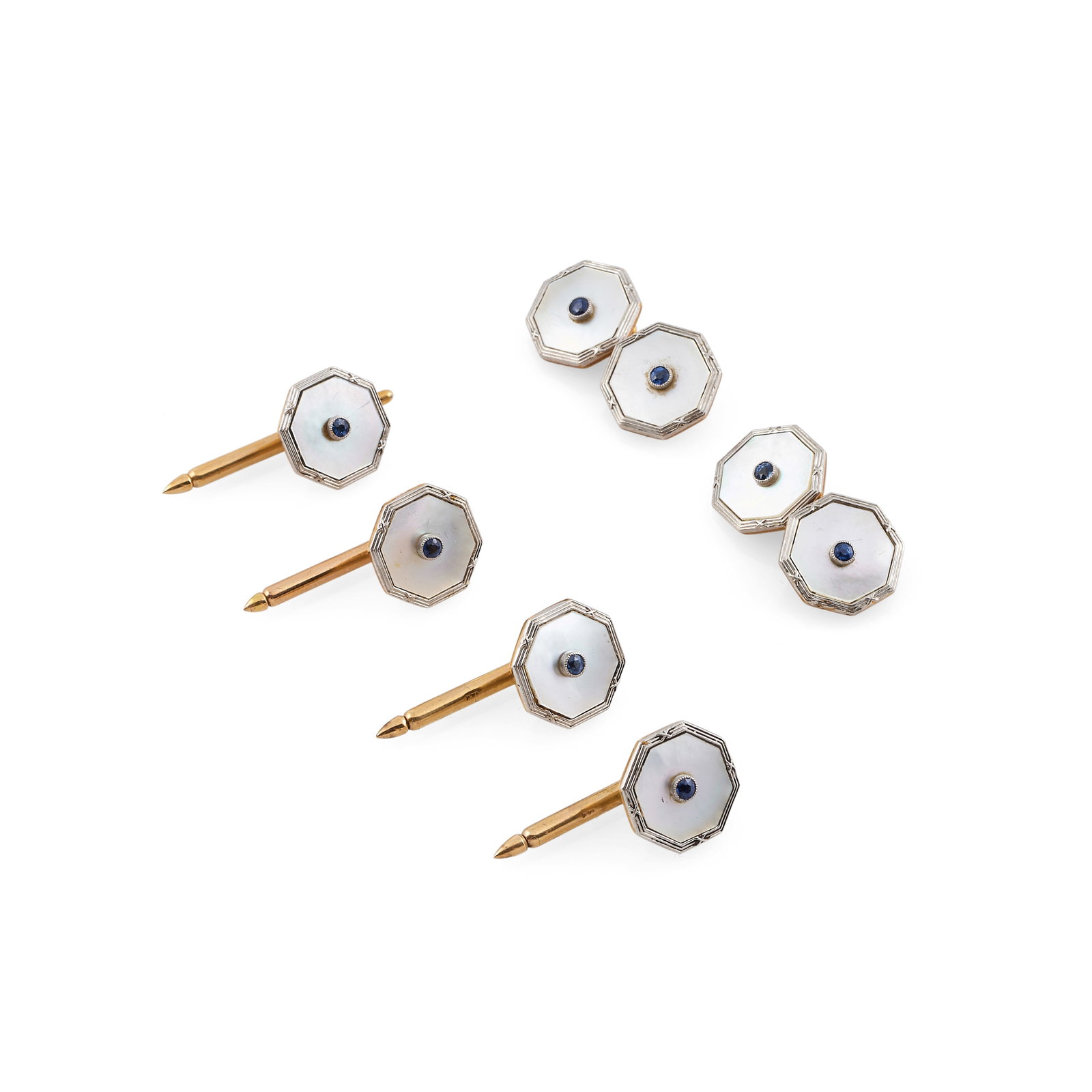 18k Gold, Platinum, Mother-of-Pearl and Sapphire Men's Dress Set: 18k Gold, Platinum, Mother-of-Pearl and Sapphire Men's Dress Set Marked '18CT&PT'.Approx. 1/2 x 1/2 in., 10.4 dwts.