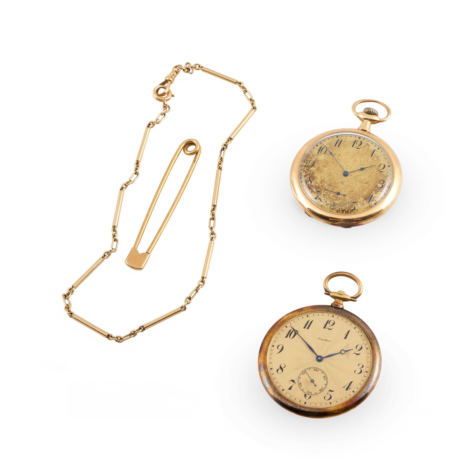 Cartier 14k Gold Pocket Watch: Cartier 14k Gold Pocket Watch Together with another gold pocket watch, a 14k gold watch fob and a 14k gold safety pin.Cartier 2 in. diam. Watches 71.2 dwts., fob and safety pin 11.1 dwts. Property of