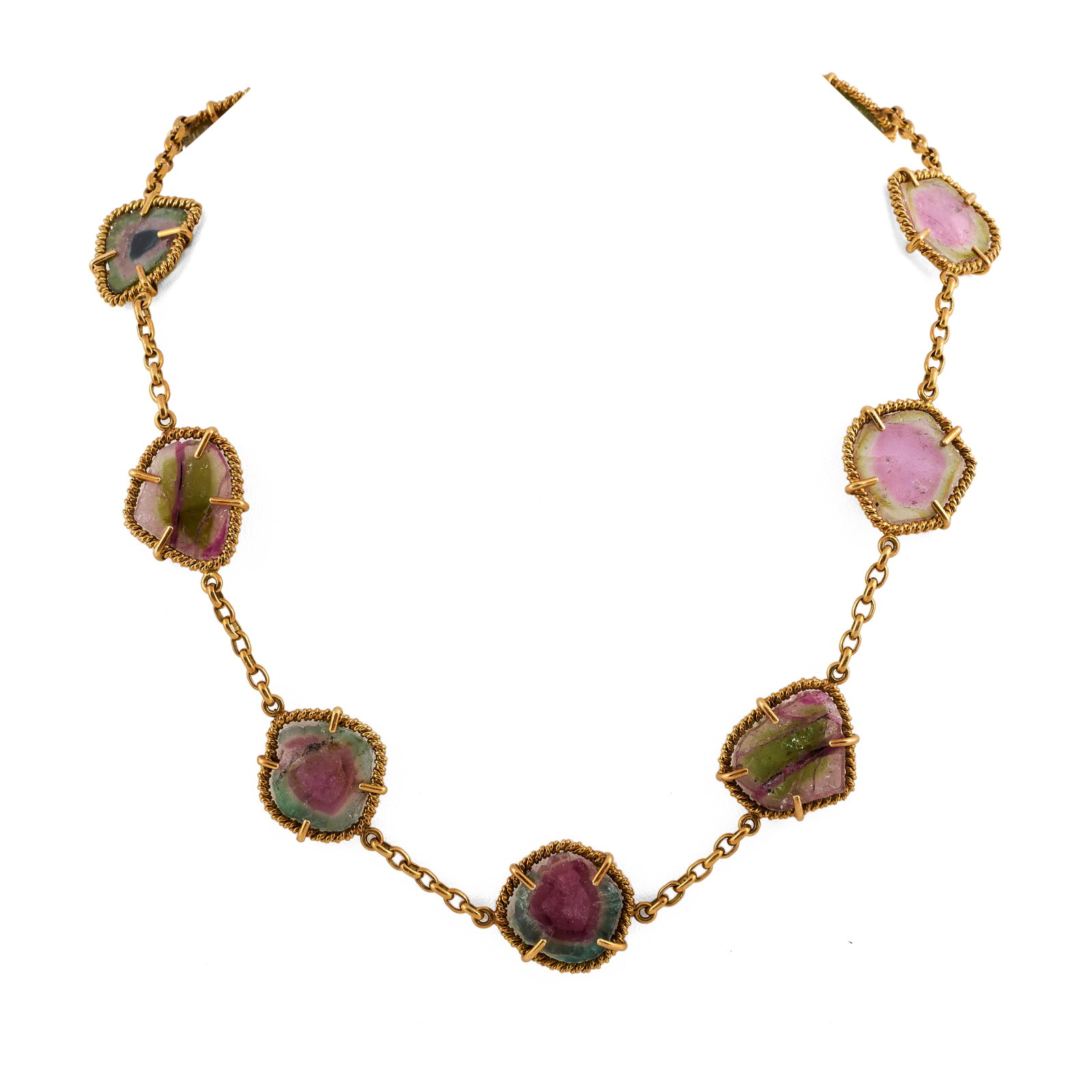 18k Gold and Watermelon Tourmaline Long Necklace: 18k Gold and Watermelon Tourmaline Long Necklace Marked '750'. Approx. 38 in.86.3 dwts.