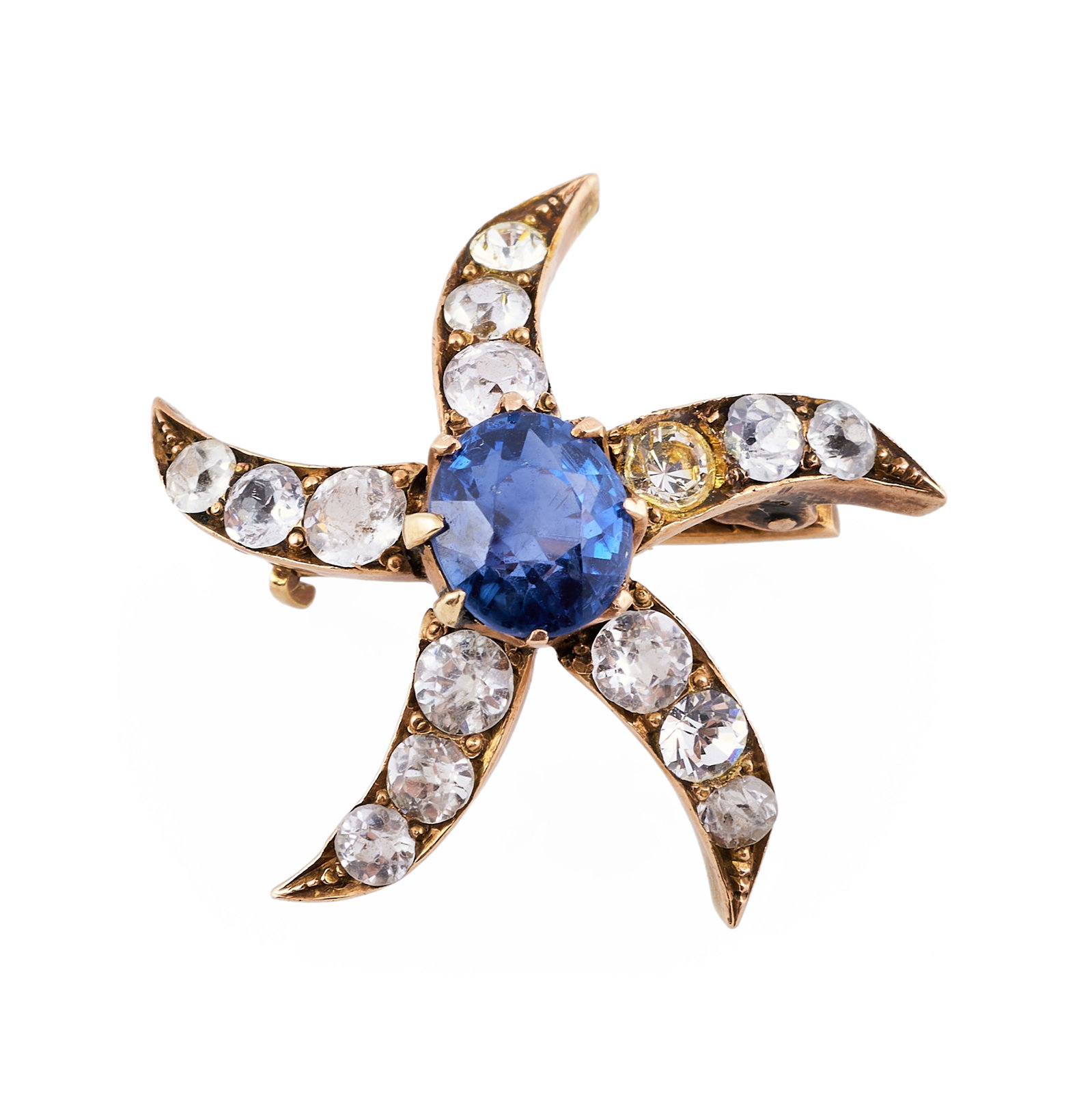 14k Gold, Sapphire and Diamond Star Fish Brooch: 14k Gold, Sapphire and Diamond Star Fish Brooch Unmarked.1 in. diam., 2.4 dwts. Property of a Lady, Upper East Side, NYC.