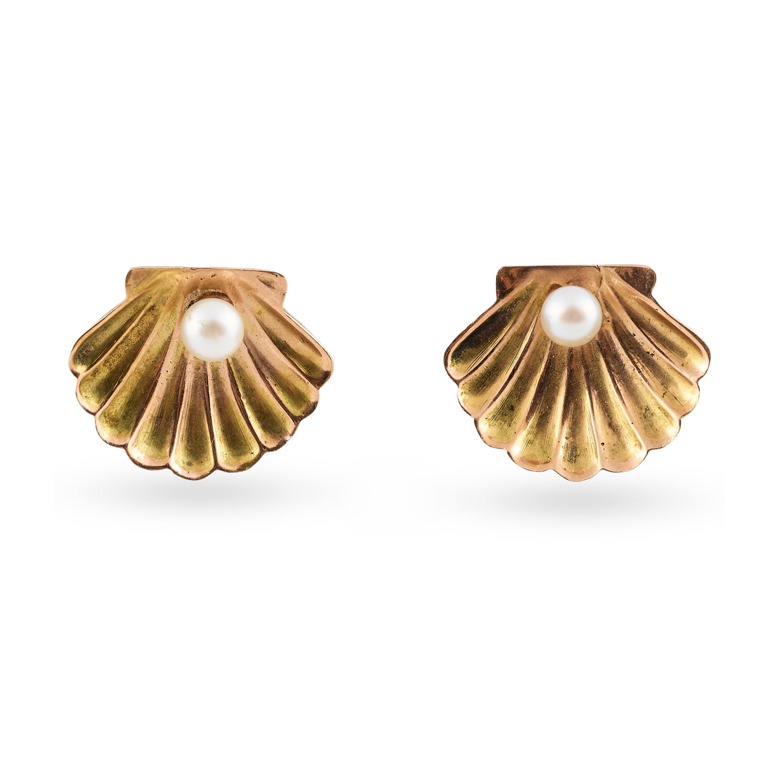 Pair of 14k Gold Seashell Earclips with Pearls: Pair of 14k Gold Seashell Earclips with Pearls Marked '14k'.1 1/4 x 1 7/8 in., 3.9 dwts. Property of a Lady, Upper East Side, NYC.