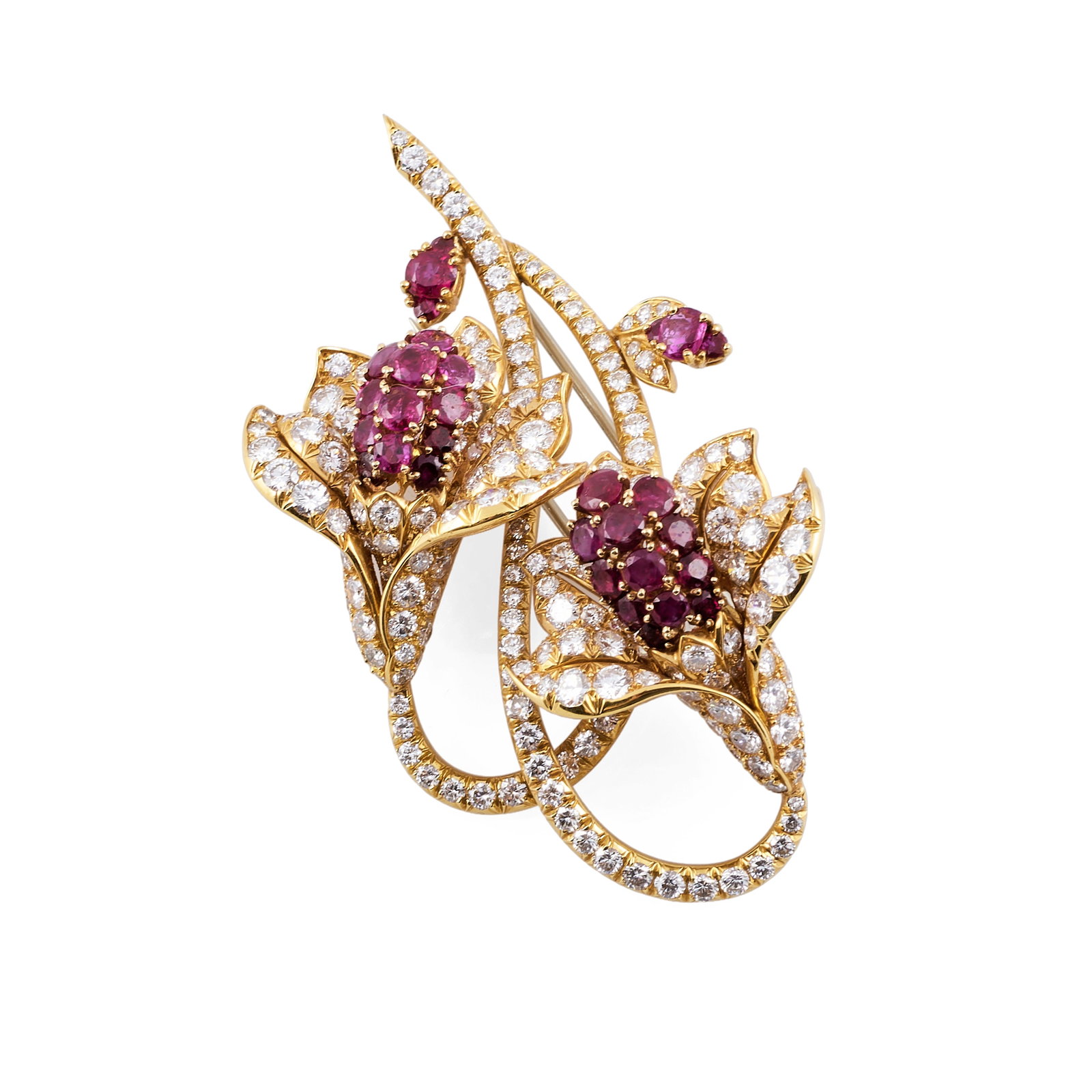 Van Cleef & Arpels 18k Gold, Diamond and Ruby Floral Brooch: Van Cleef & Arpels 18k Gold, Diamond and Ruby Floral Brooch Marked 'VCA / 36332'. Approximately 3 x 2 in., 23.7 dwts.