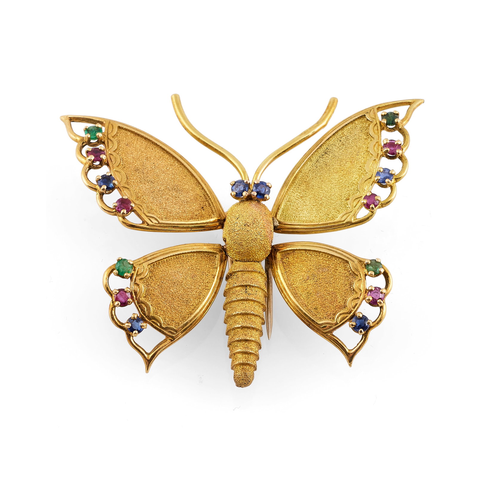 Fred Paris 14k Gold Butterfly Brooch: Fred Paris 14k Gold Butterfly Brooch Set with emeralds, sapphires and rubies, signed 'Fred Paris'.1 3/4 x 2 in., 9.2 dwts. Property of a Lady, Upper East Side, NYC.