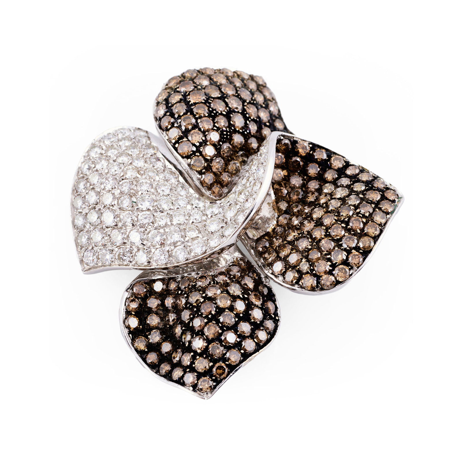 Brown and White Diamond 18k White Gold Bow Brooch: Brown and White Diamond 18k White Gold Bow Brooch Marked '750'. Approximately 2 1/4 x 2 in., 19.9 dwts.