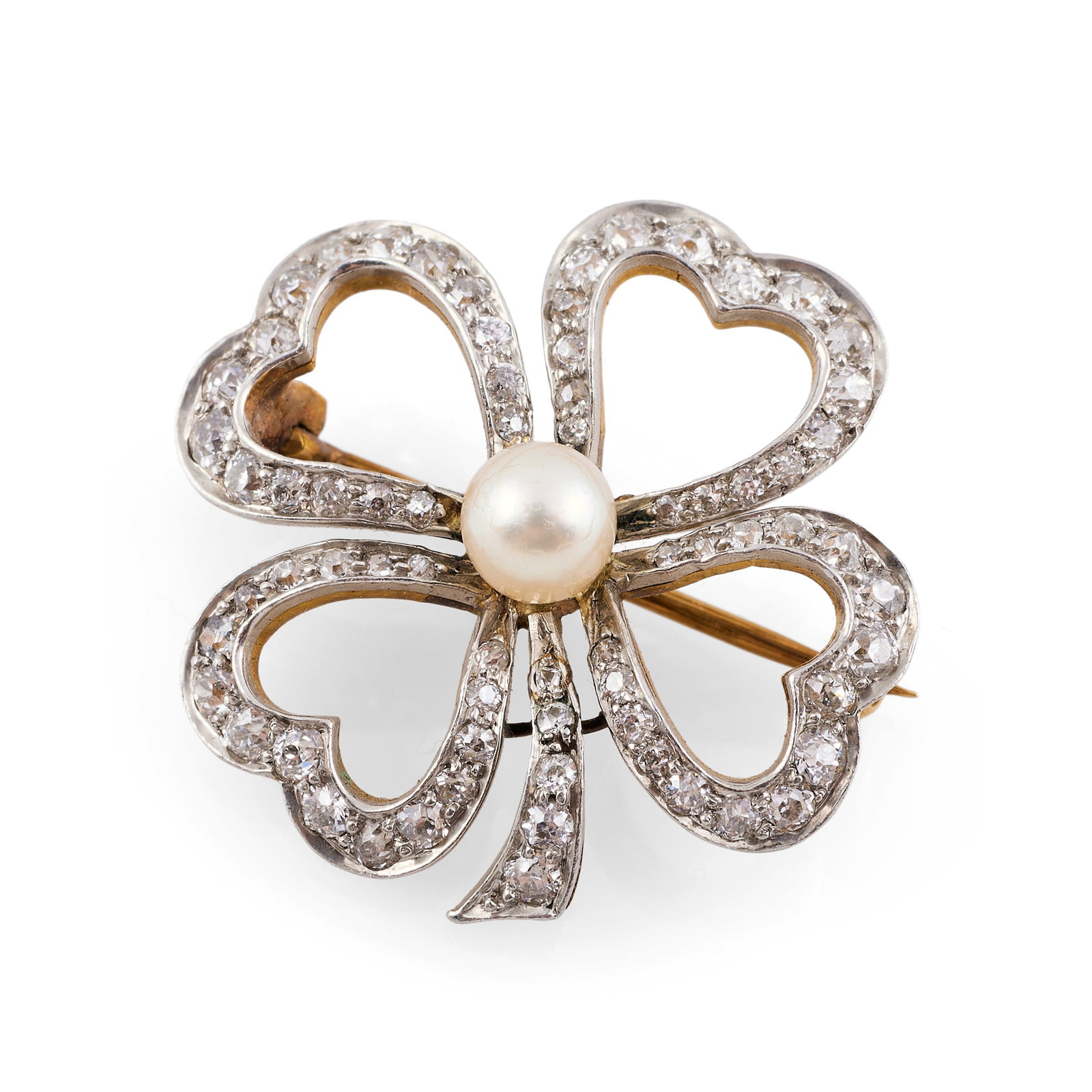 Diamond and Pearl Four-Leaf Clover Brooch: Diamond and Pearl Four-Leaf Clover Brooch Unmarked.1 1/8 in. diam., 4.3 dwts. Property of a Lady, Upper East Side, NYC.