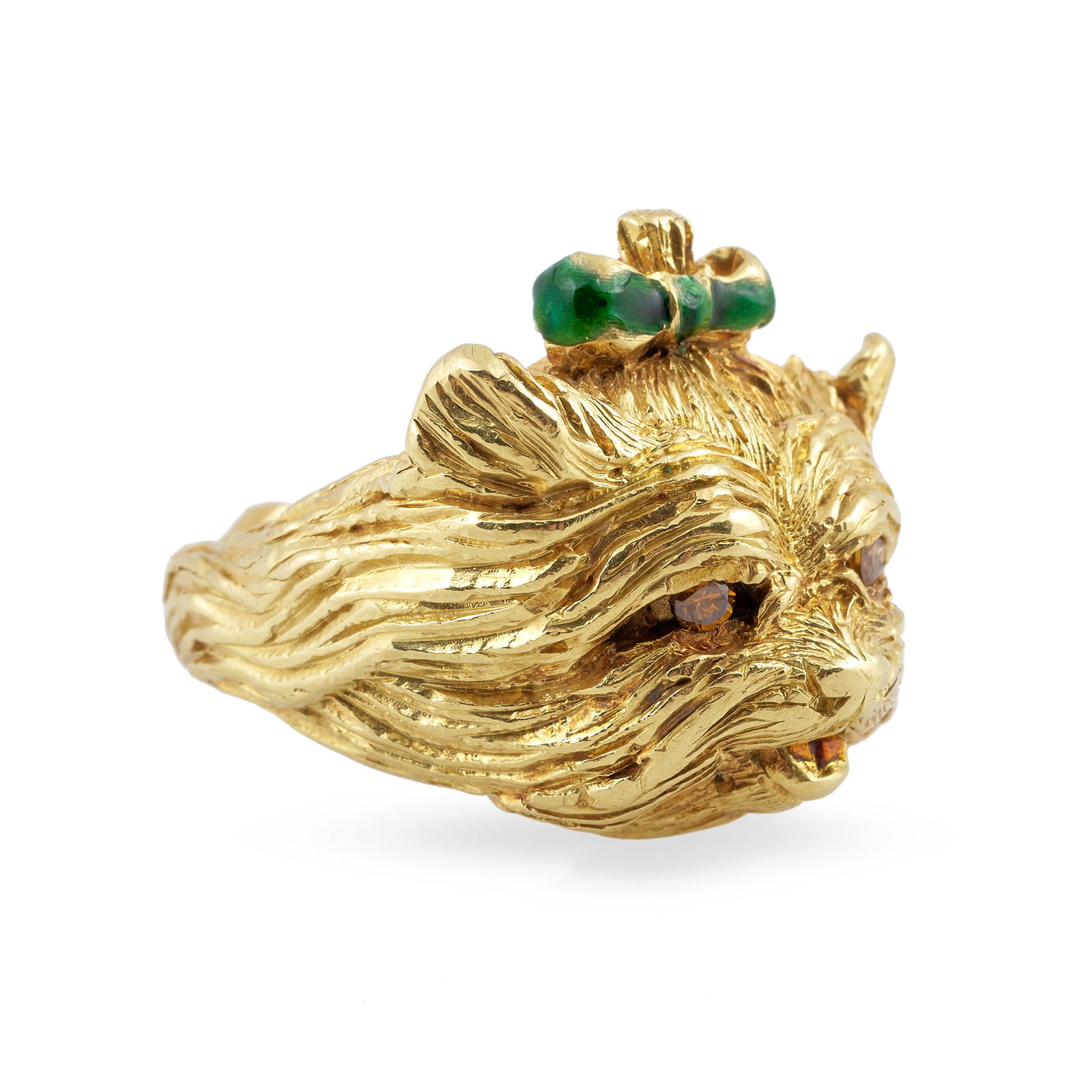 Gold Terrier Ring: Gold Terrier Ring With green enamel bow and citrine eyes, unmarked.Approx. size 6 1/2, 18.5 dwts.